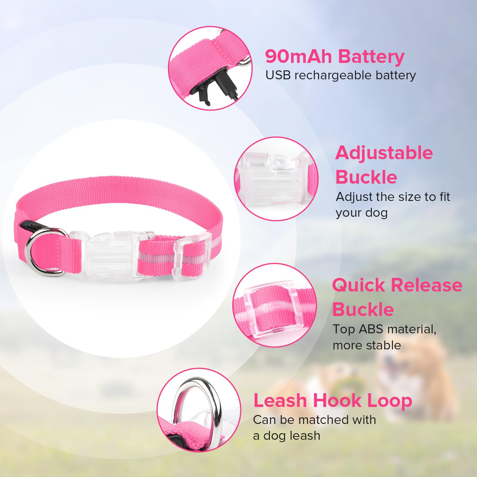 Collare per cani luminoso, regolabile, ricaricabile tramite USB, si illumina al buio, collare impermeabile per cani di piccola taglia (rosa, S)