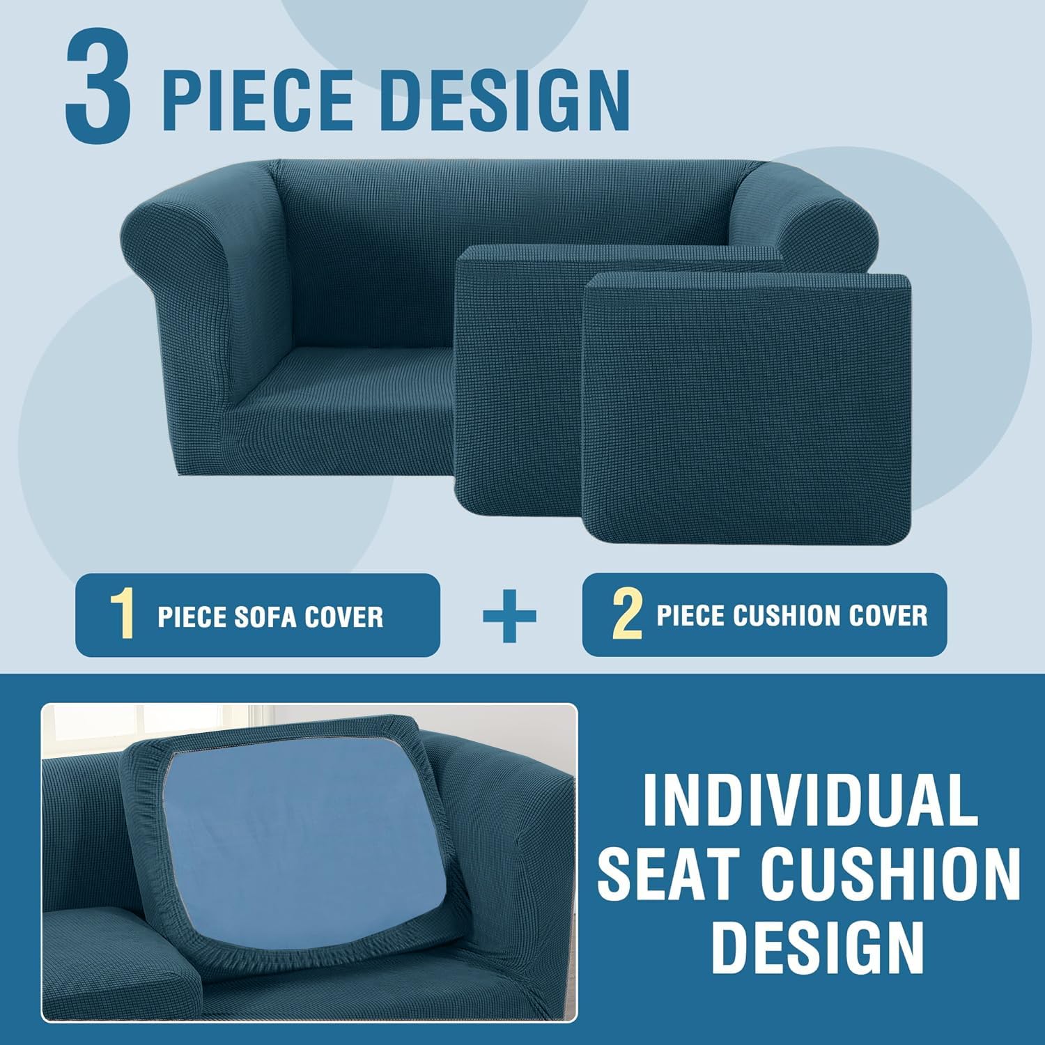 LINGKY Housse Canapé Chesterfield 2 Places Extensible Jacquard – Deep Teal – Avec Housses Coussin – Grand 183-223 Cm