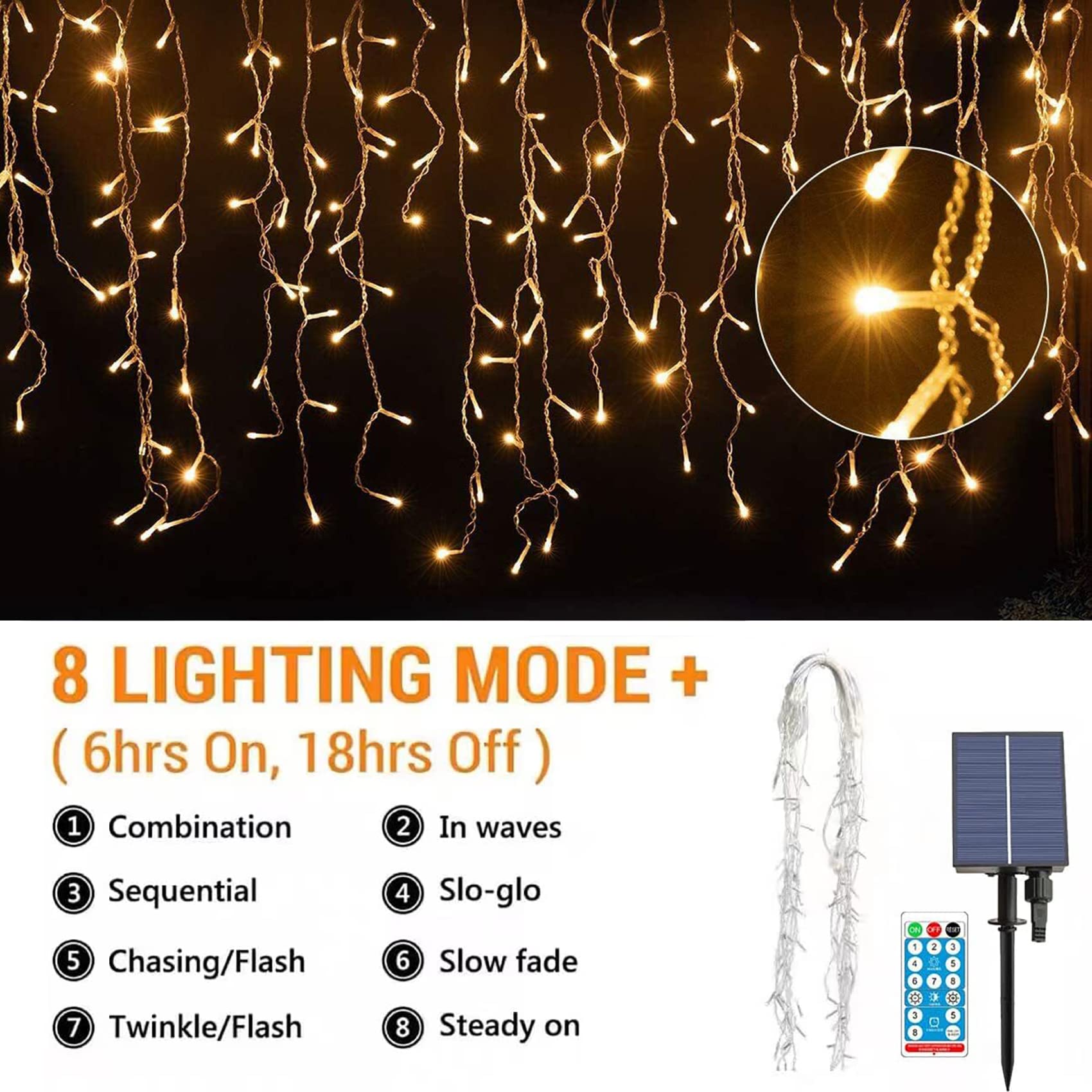 Solar LED Eisregen Lichterkette Außen mit Fernbedienung Wasserdicht 8 Modi Eiszapfen Lichterkette Lichtervorhang Deko für Weihnachten Hochzeit Terrasse (9.85ft 128LED, Warmweiß)