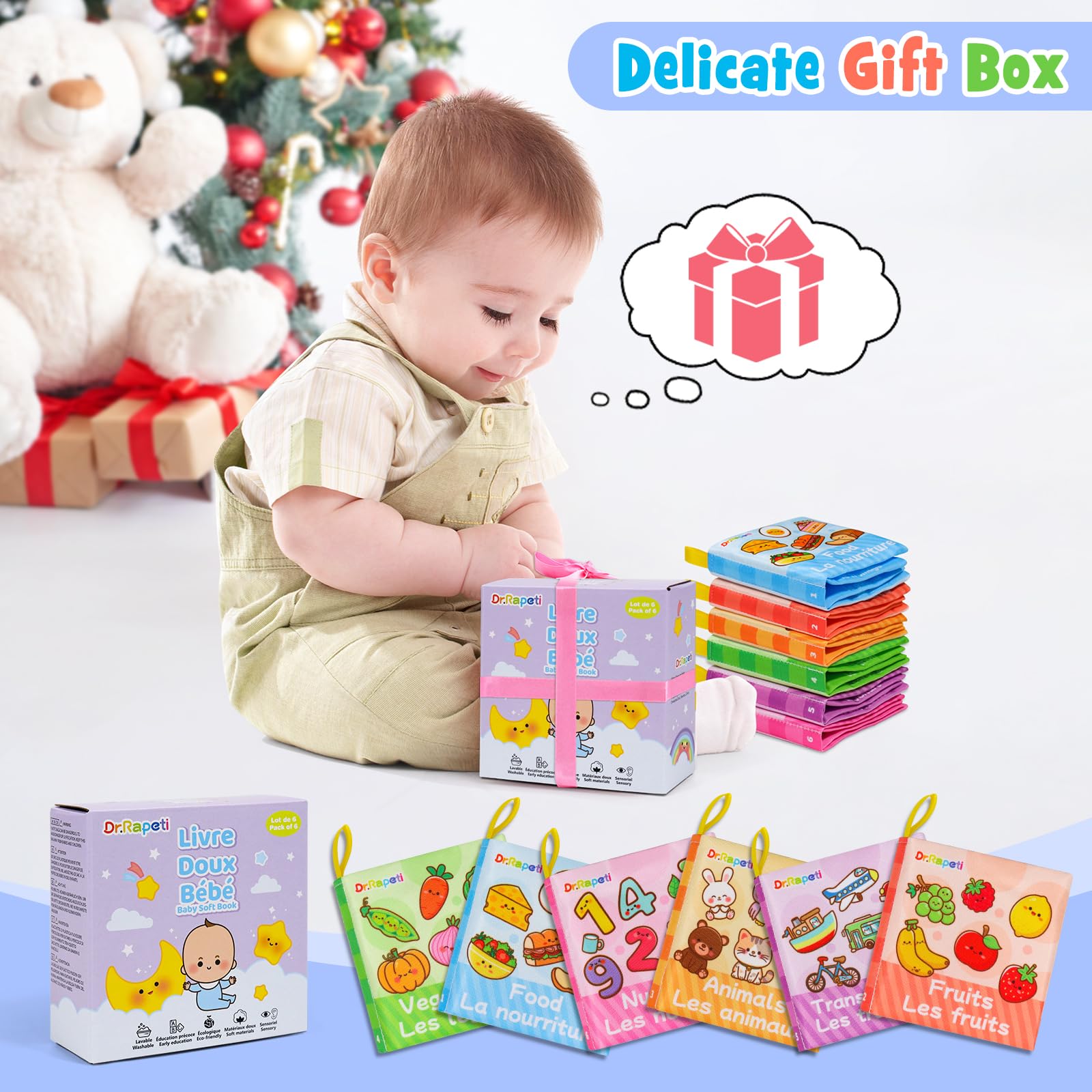 Dr.Rapeti Lot de 6 Livre Bebe en Tissu Doux n Français, Livres D'éveil, Livres en Tissu Doux pour bébé, Jouet Educatif Sonore Book, Bebe Livre Sensoriel pour Enfants Bambin Bébé