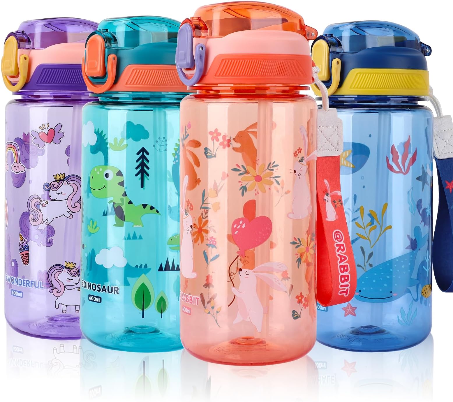 Kids Water Bottles With Straw,600ml Toddler Drinks Bottle for School,Leakproof Children's Bottle BPA free Tritan Sport Bottle for Girls Boys (Pinkish Orange-Rabbit)