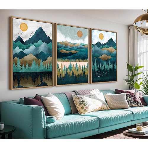 Large Mountain Forest Wall Art - Natural Float Framed Green Grove Wall Decor Modern Watercolor Pine Tree Art Print Abstract Nature Landscape Pictures for Living Room Bedroom Office 60" X 28" Set of 3