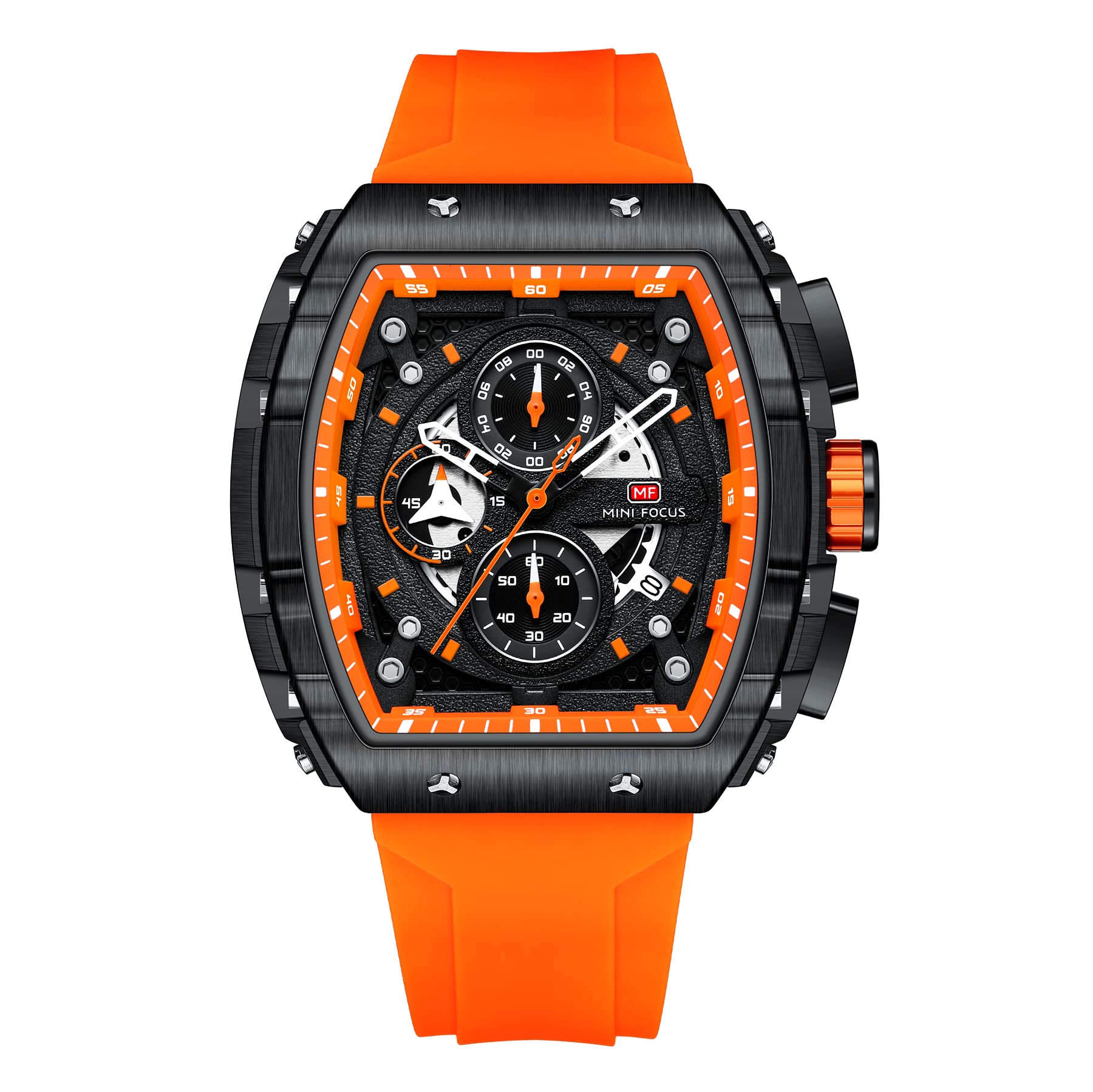 Mini Focus - Reloj cronógrafo único para hombre, estilo casual (hueco/impermeable/superluminoso/calendario), correa de silicona suave, reloj moderno para hombre