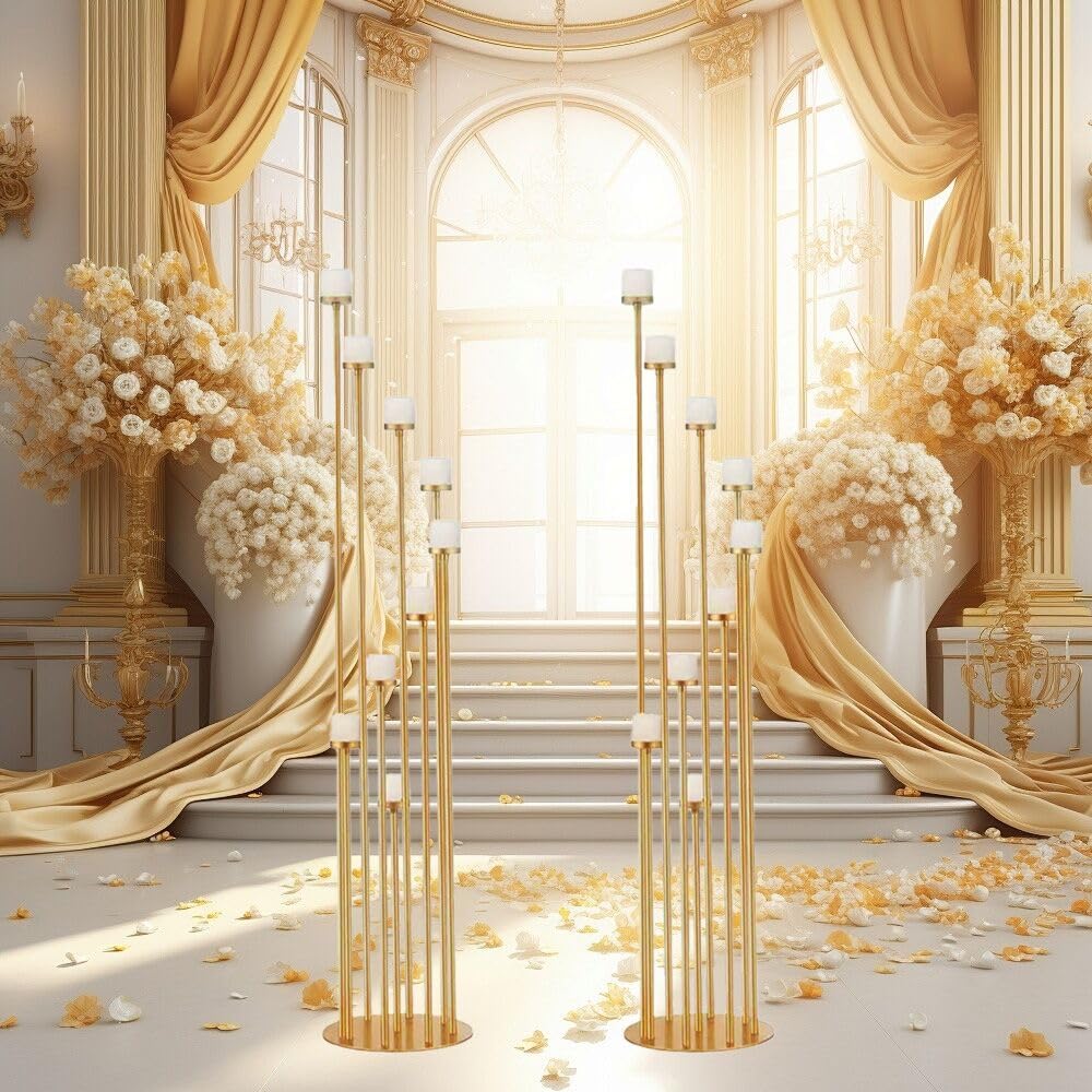 Set of 10 Floor Candelabra Centerpieces,9 Arm Metal Gold Candle Holders Pillar Taper Candlestic for Home Birthday Wedding Banquet Decoration(46.3'' Tall)
