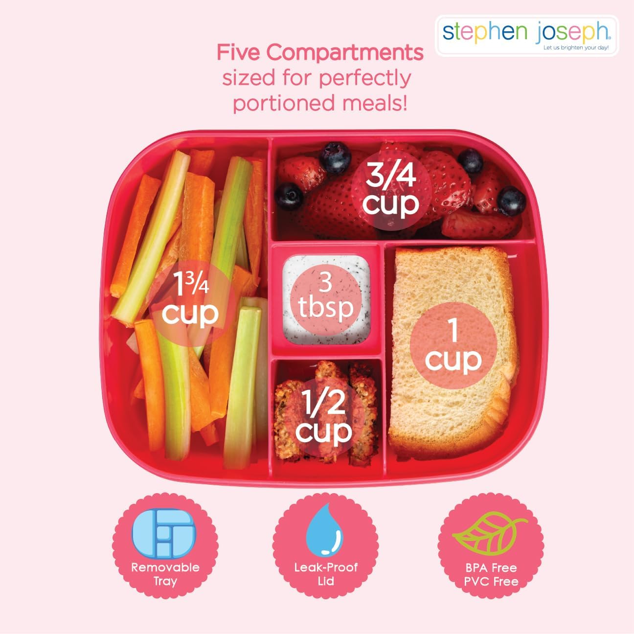Stephen Joseph, Bento Box for Kids with 5-Compartment, Leak Proof Lid Lunch Box, BPA Free Bento Box for Ages 3-7, Toddler Lunch Box with Leak Proof Sauce Compartment, Racecar