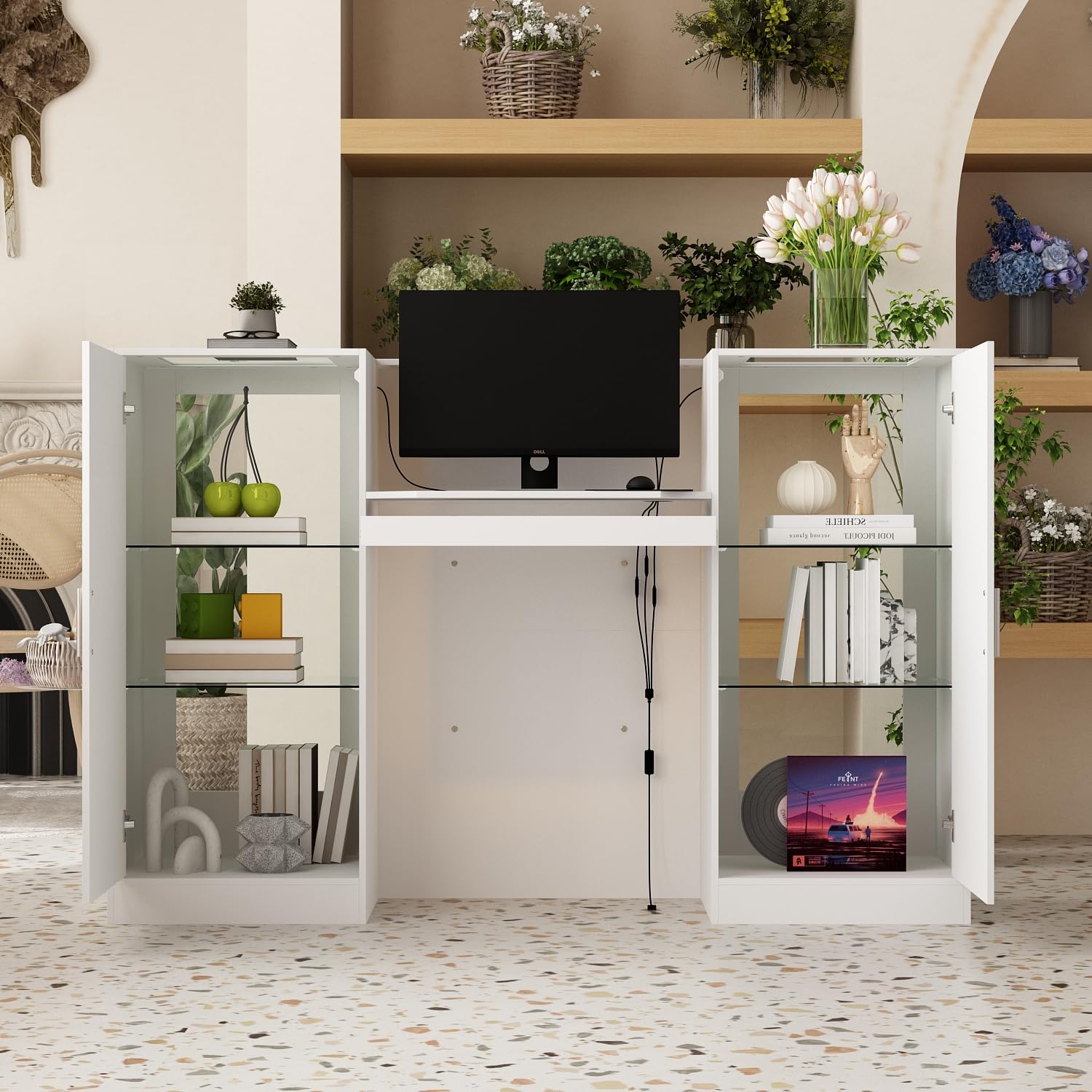Mesa de recepción blanca con barra de luz, mostrador de recepción, mesa de recepción, mesa de recepción, mesa de recepción con 2 armarios y 1 cajón de teclado, 150 x 52 x 100 cm, color blanco