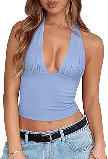 Women's Halter Tops Plunge Neck Backless Double Lined Sexy Going Out Crop Tops Summer Outfits 2026