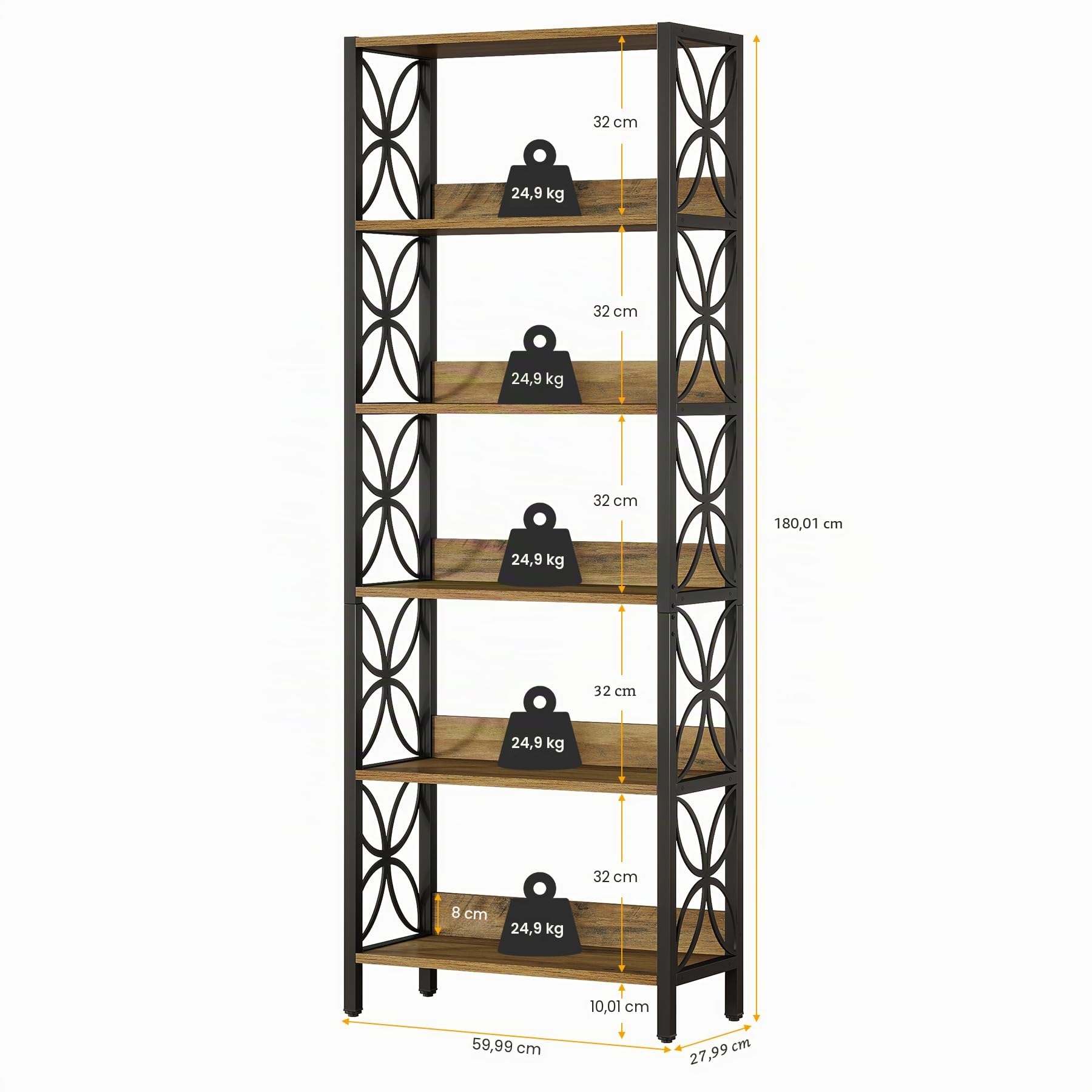 Tribesigns Bibliothèque haute à 6 niveaux, 180 cm, bibliothèque industrielle avec cadre en métal, étagère pour la maison, le bureau, la chambre à coucher, bibliothèque avec 6 étagères de rangement