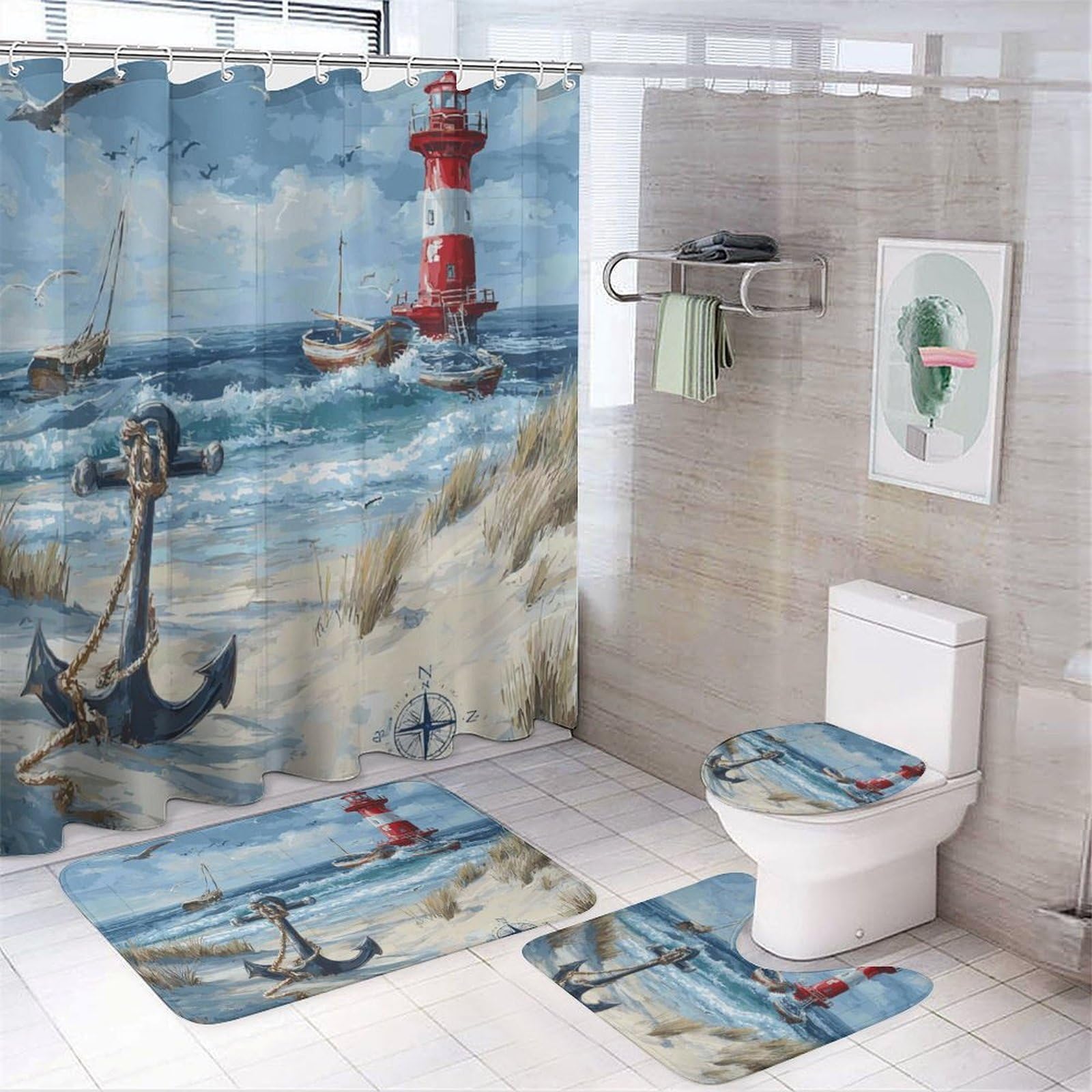LUYYSKY Vintage Seasides Nautical Anchor Shower Curtain Decor Set,Tropical Beach Lighthouse Seagull Ship Compass Bathroom Decor Sets With Rugs,Bathroom Shower Curtain Set