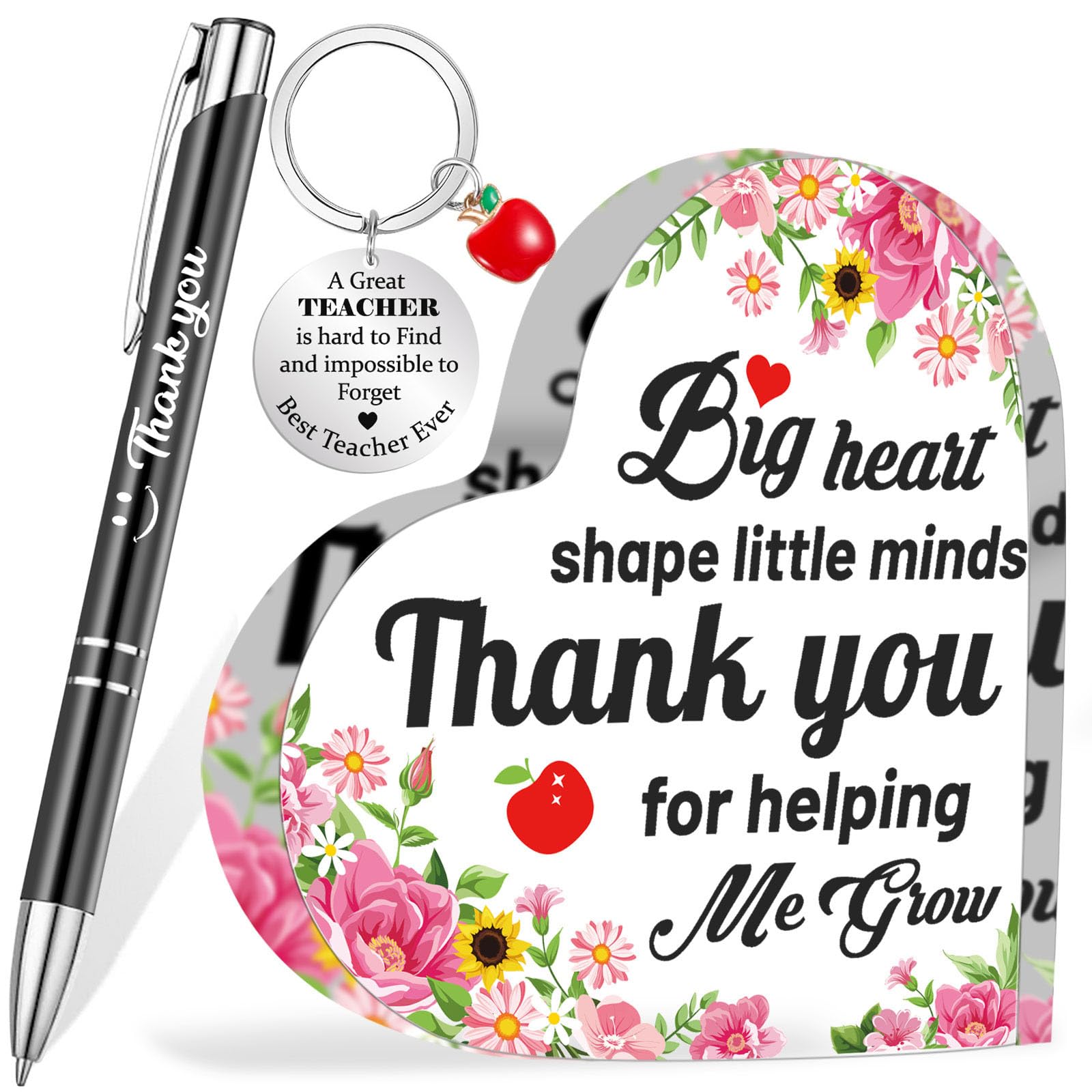 HOWAF Teacher Gifts for Women Men, Thank You Heart-Shaped Acrylic Plaque, Teacher Keyring, Thank You Ballpoint Pens Gifts for Teachers Leaving Gifts, Best Teacher Gift, Thank You Teacher Gifts