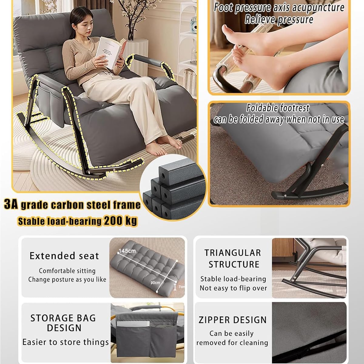Rocking Chair with Ottoman-Winter/Summer Dual Use Balcony Chair,Comfortable Cushioned Lounge Chair for Indoor & Outdoor, for Living Room Balcony Porch Patio,Supports 550 LBS