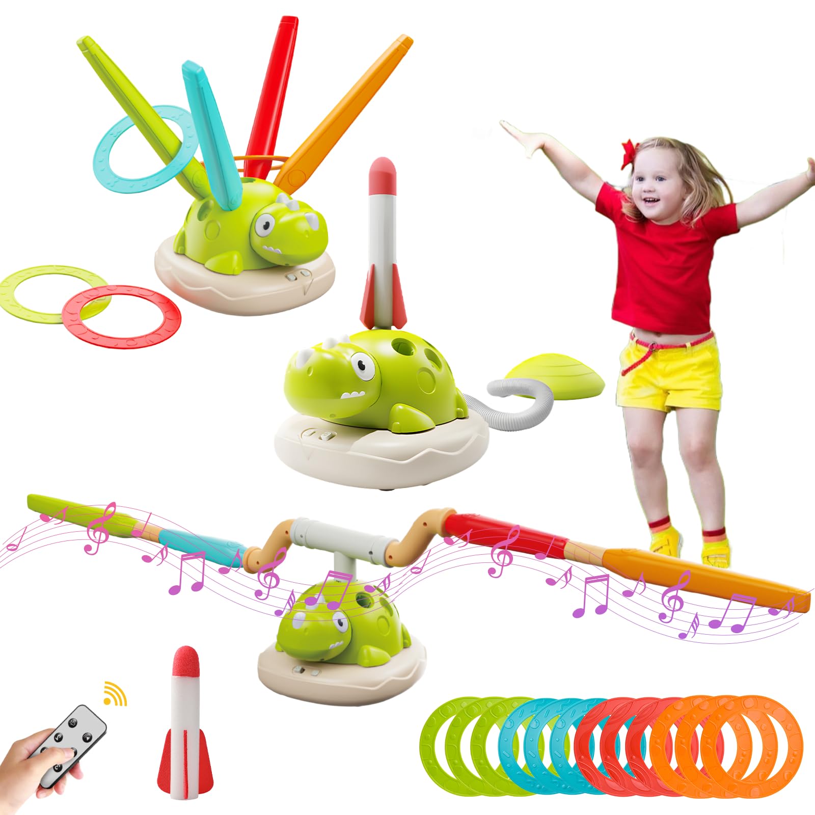 Jeu Extérieur 3 en 1 pour Enfants dès 3 Ans - Jouet Sportif Multifonction avec Corde à Sauter, Lancer d'Anneaux et Lance-Fusées, 4 Vitesses