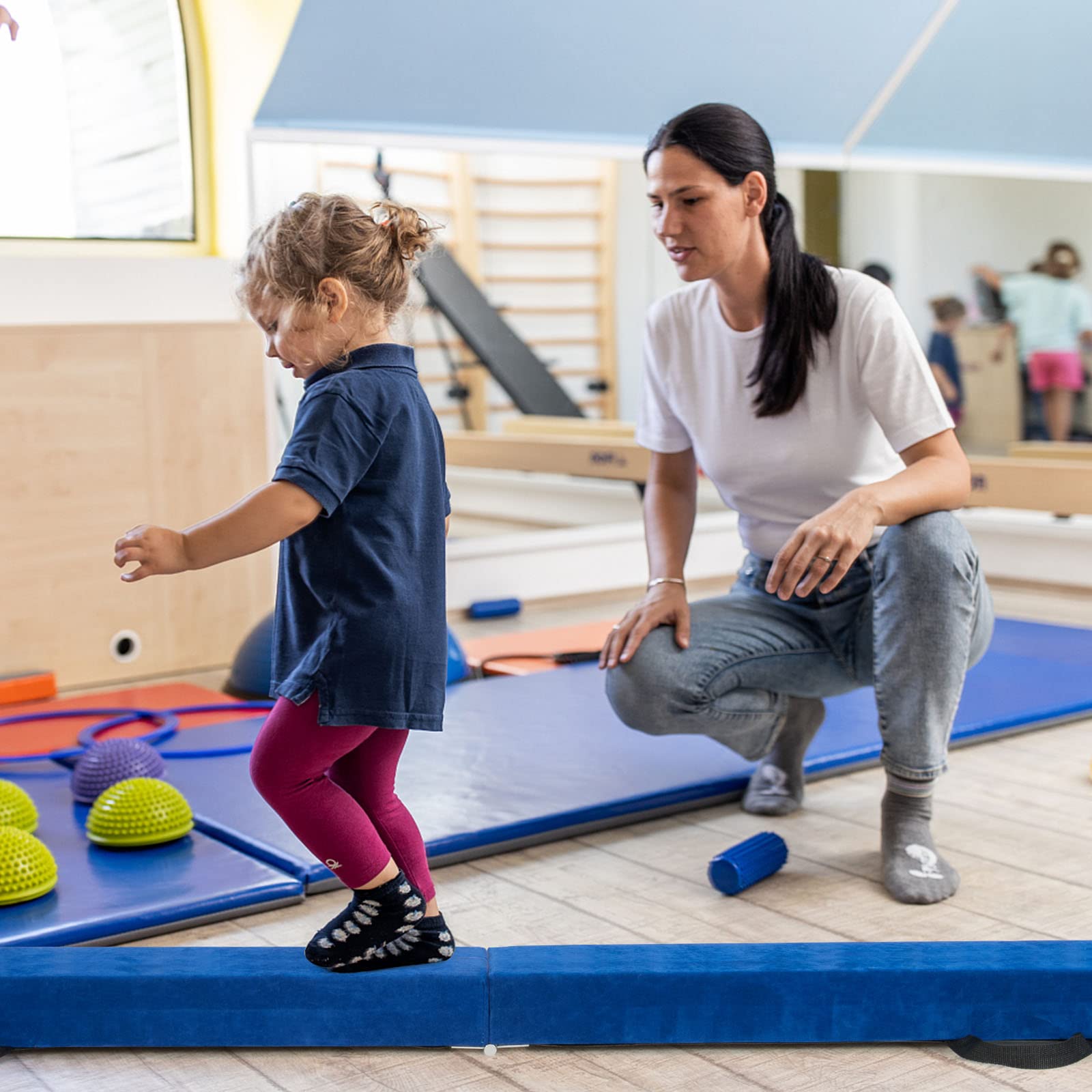 GYMAX Poutre Gymnastique pour Enfant, Poutre d'Équilibre Pliable 210CM, Portable, Robuste en Bois Massif, avec Patins Antidérapant & Surface Douce, Transport Facile, pour Danse/Fitness (Bleu)
