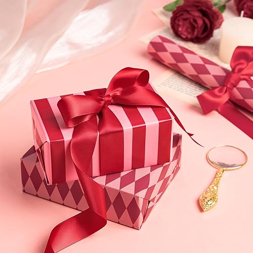 Miniatura 5 de RUSPEPA Rollo de papel de regalo reversible para niñas, mini rollo, rayas rojas y rosas y patrón de diamantes, papel de regalo navideño para