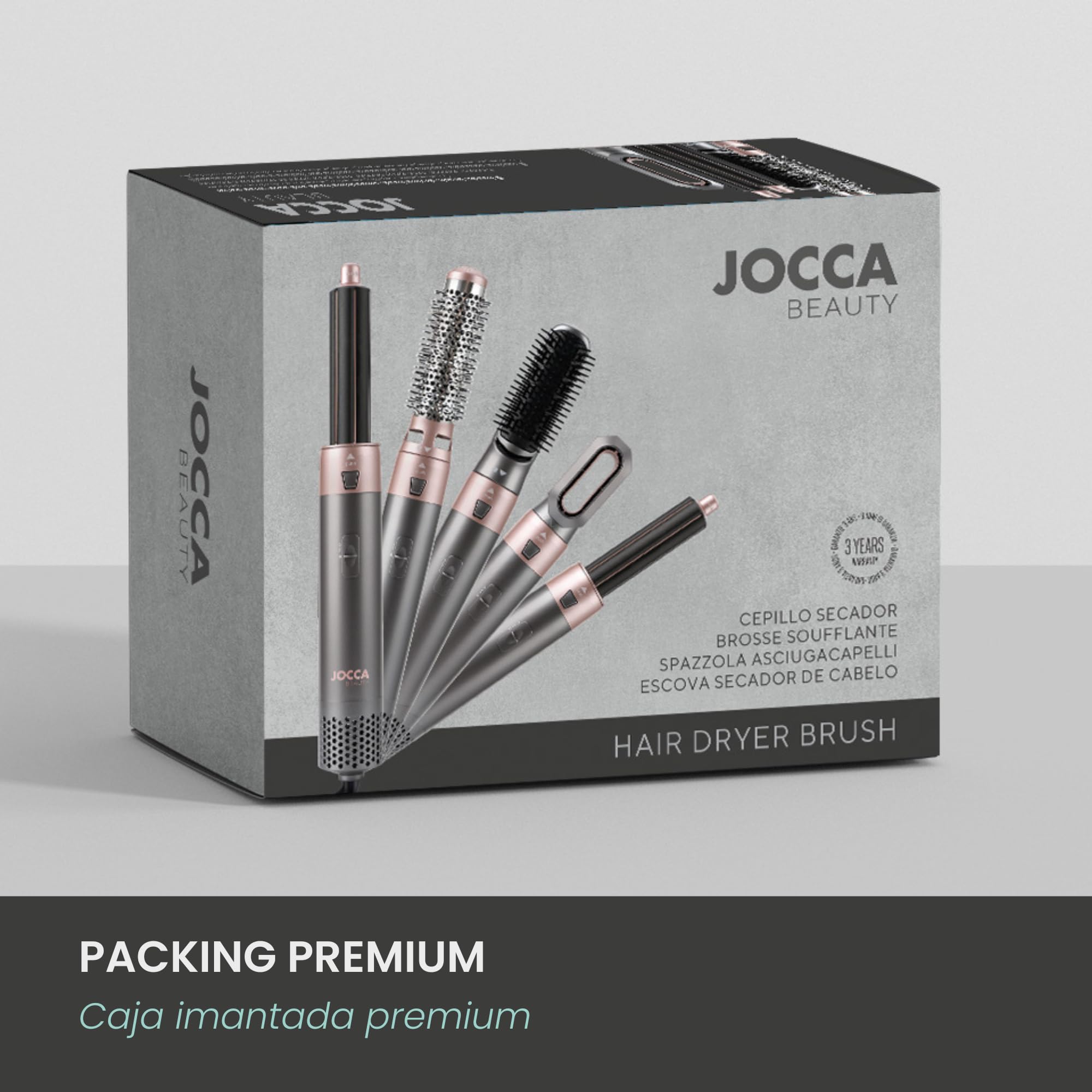 Jocca Heißluftbürste 5-in-1 | 800-1000W | Föhn, Lockenstab, Glätteisen & Volumenbürste in einem | 3 Temperaturstufen | 5 austauschbare Aufsätze | Edles Design mit Premium-Box