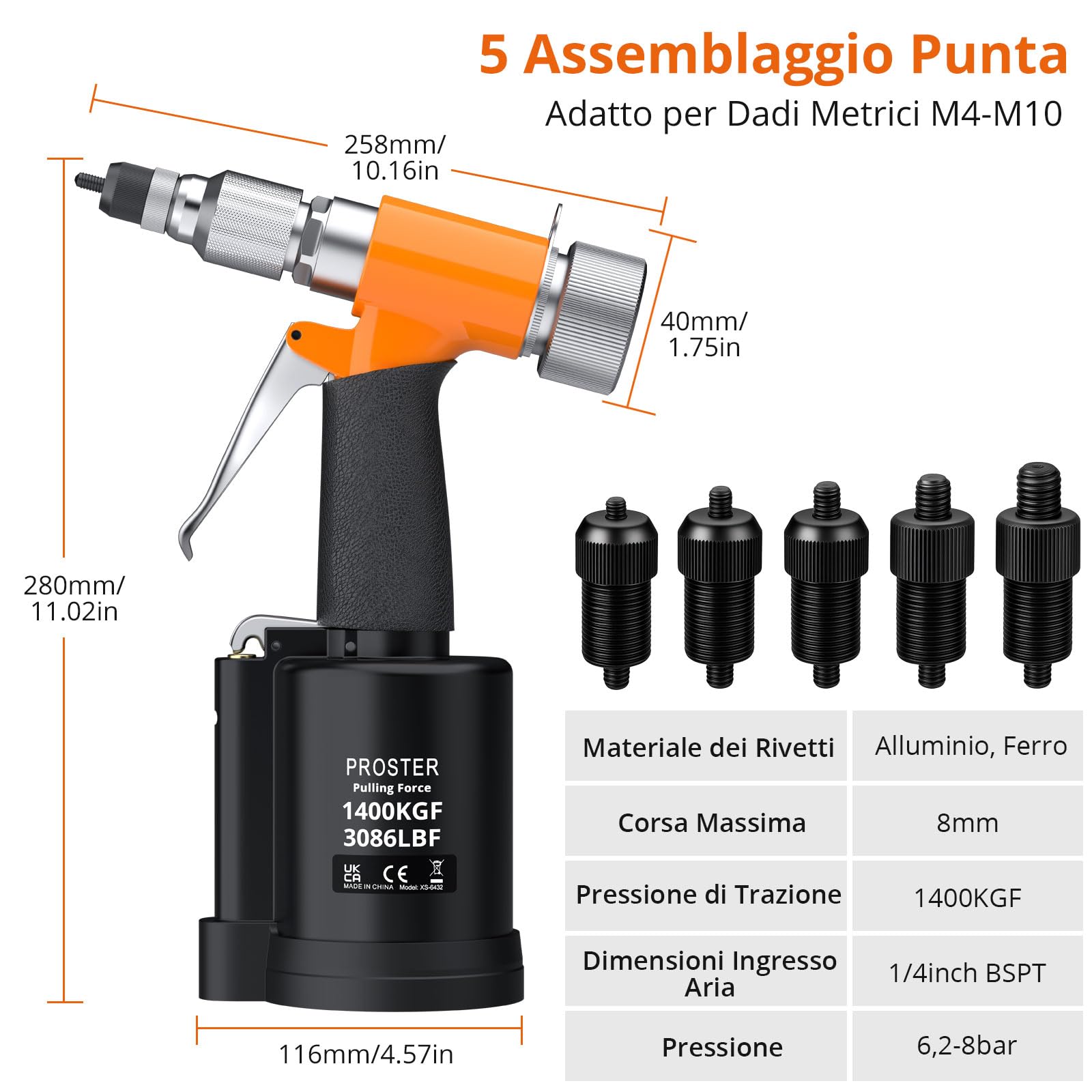 Proster Pistola Pneumatica per Rivetti Nut Set Rivet Nut con 5 Mandrini Metrici M4-M10 Forza di Trazione 1400KGF Valvola di Regolazione della Pressione Attrezzo per Fai da Te e Officina con Custodia
