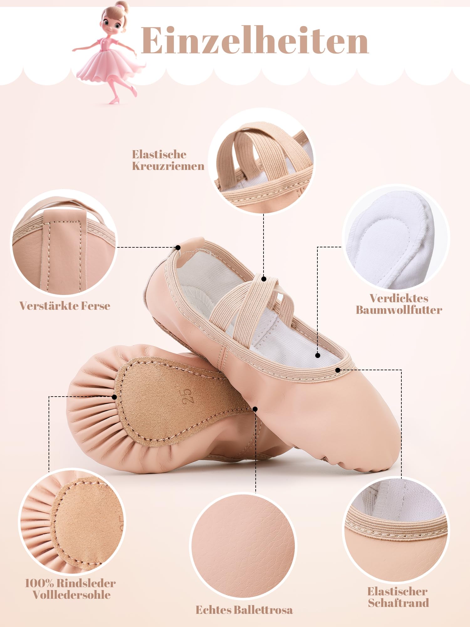 Zapatillas de ballet para niña, de piel, forro de algodón grueso, suela de piel completa, zapatos de danza, correas precosidas, zapatillas de ballet — view 5