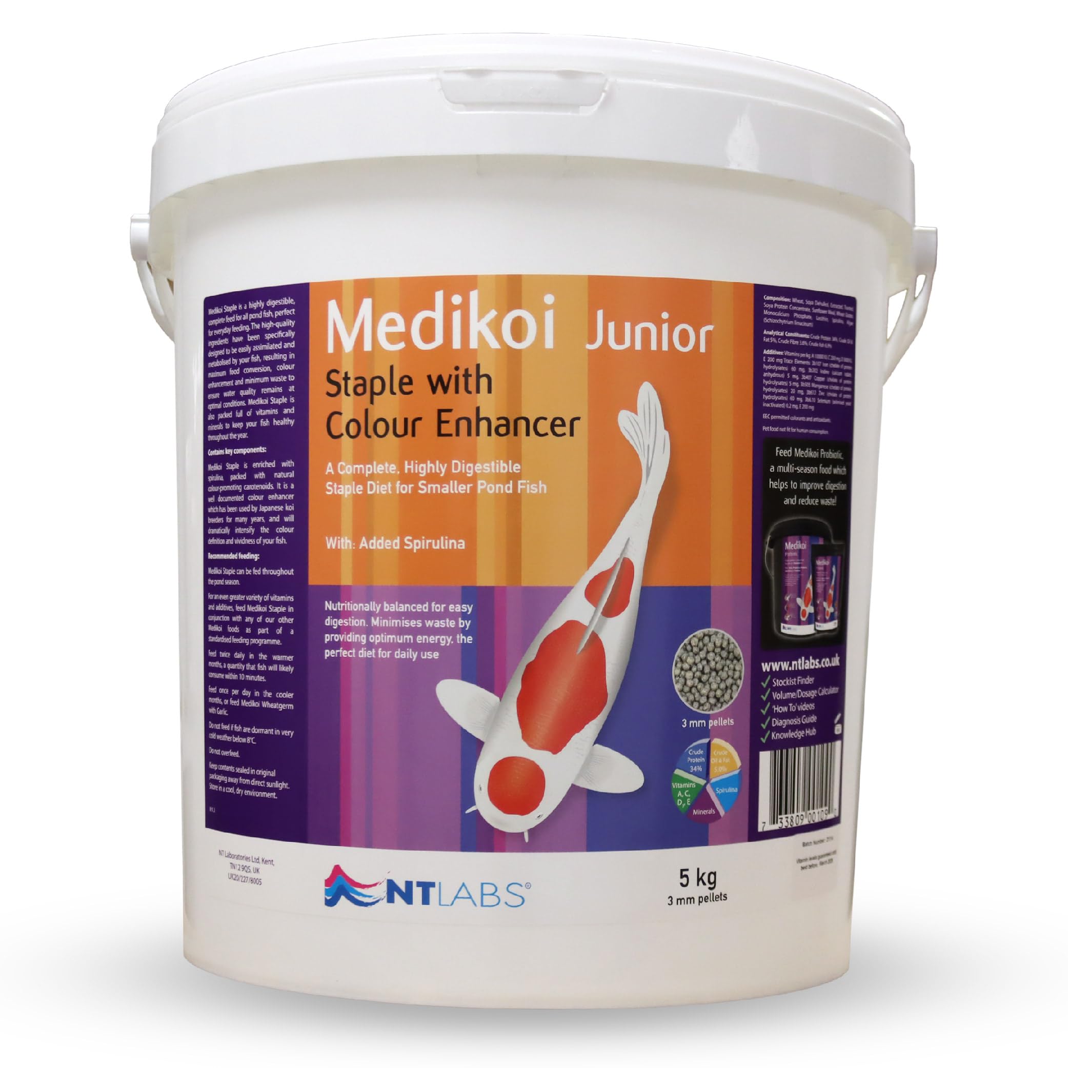 NT Labs Medikoi Staple with Colour Enhancer, Complete Feed For All Pond Fish, Ideal For Spring, Summer and Autumn Feeding, Enhances Colours of Pond Fish, Koi Fish Food (5kg)(3mm)