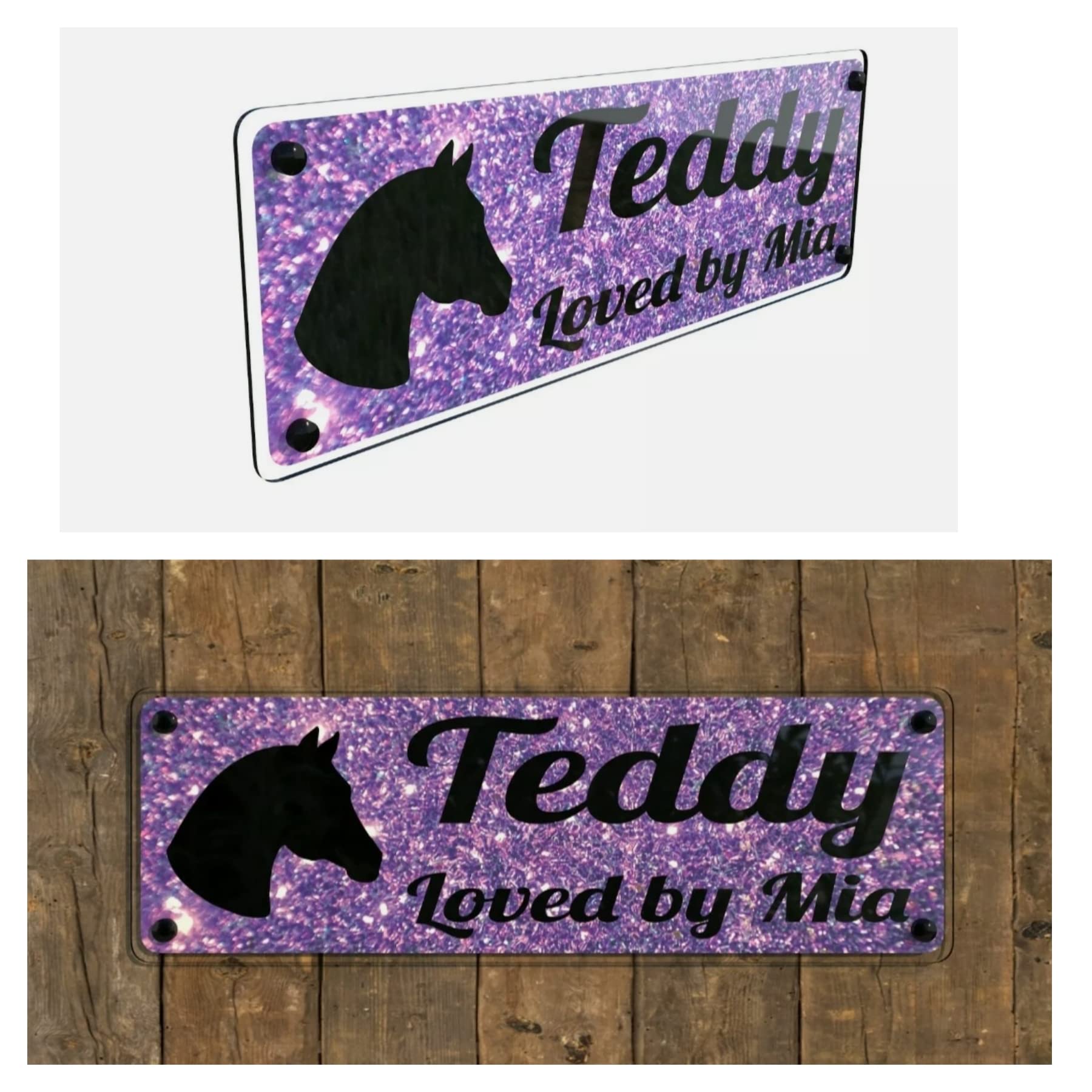 Tags4Nags Horse Name Stable Plate Purple glitter effect Design with black writing horse lover gift girl boy