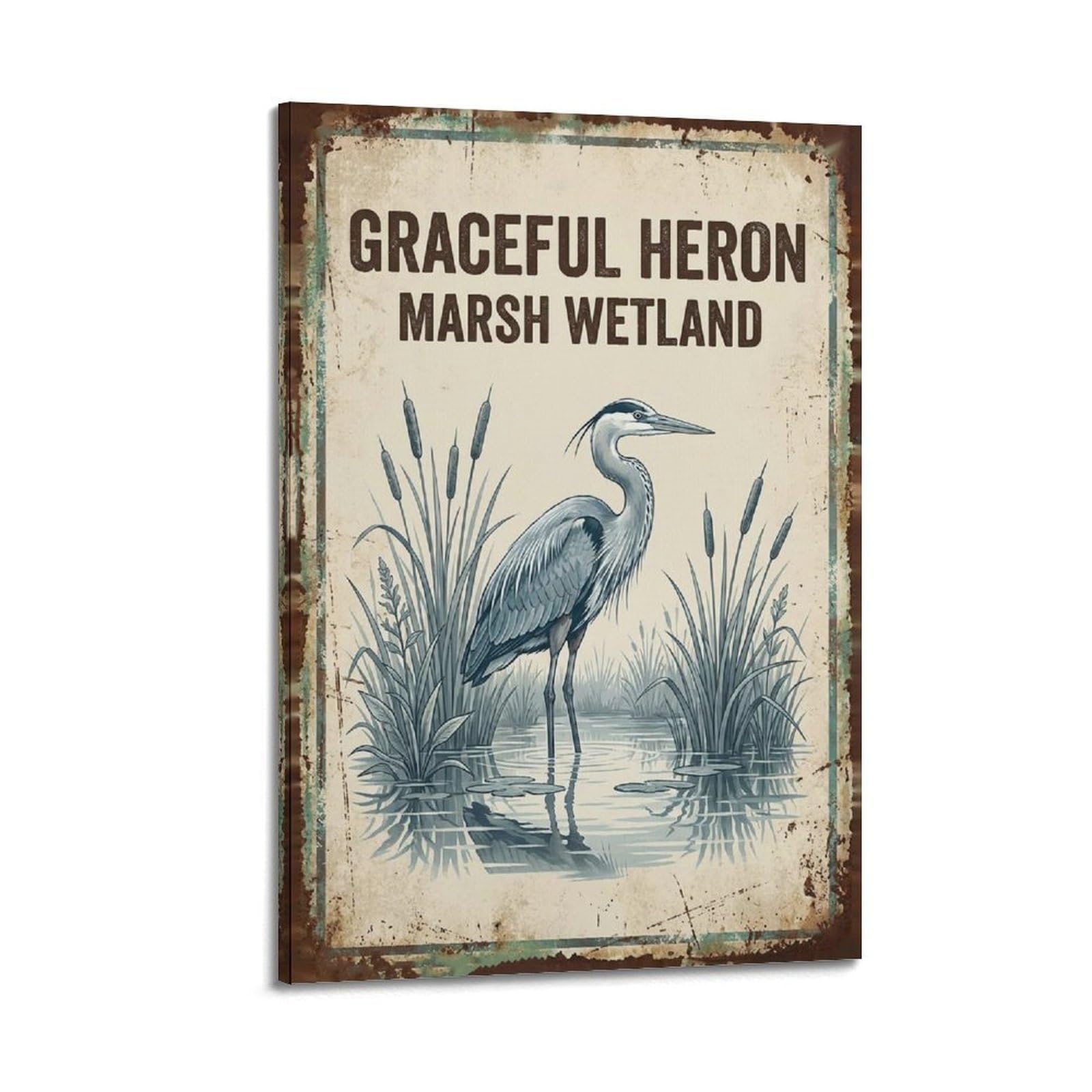 OKAHYS Heron Wetland Botanical Classic Vintage Poster Marsh Modern Decorative Canvas Prints - Ideal Wall Art for Family, Man Cave, Game Room, Boys & Girls Bedroom 20x30inch