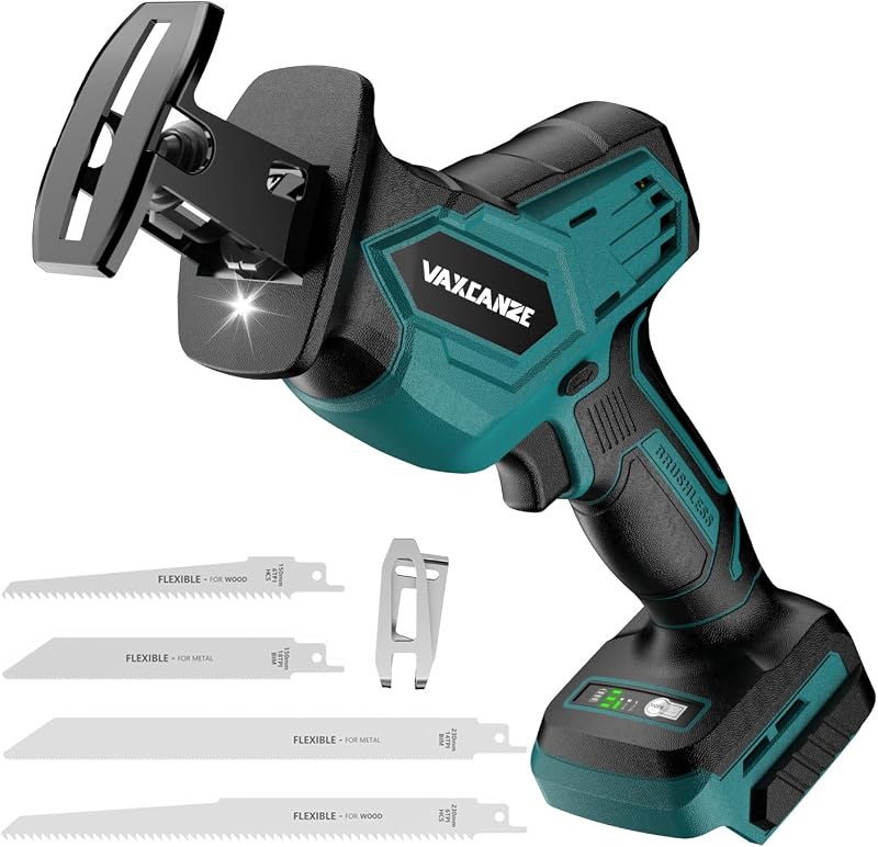 Cordless Reciprocating Saw for Makita Battery, 3 Variable Speed 0-3500 Brushless Motor, Tool-free Blade Change, 4 Saw Blade Potable Recipro kit for Wood/Metal/PVC Cuts - Tool Only