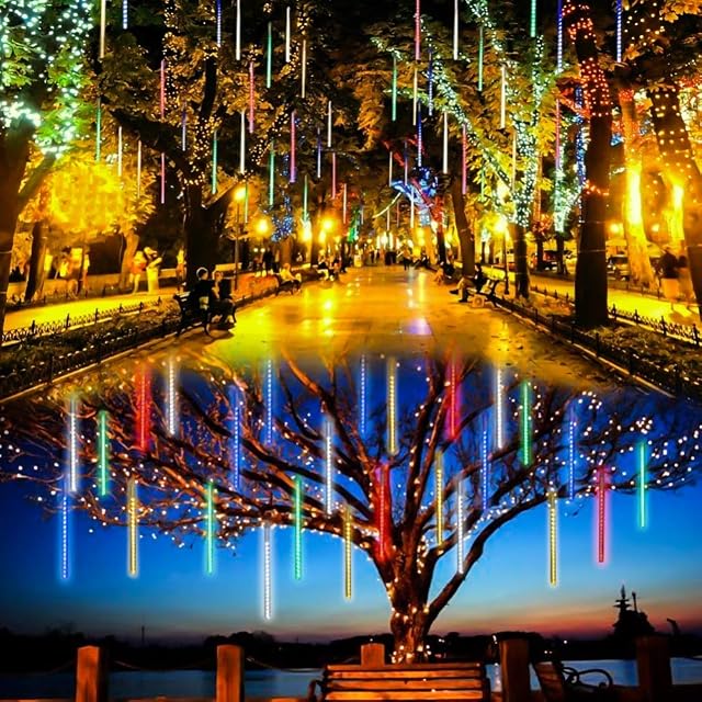Meteor Shower Lights Christmas Lights Outdoor LED Falling Rain Lights 30cm 8 Tubes Icicle Snow Raindrop String Lights for Christmas Trees Holiday Decoration Wedding Party Patio Garden (Multicolor)