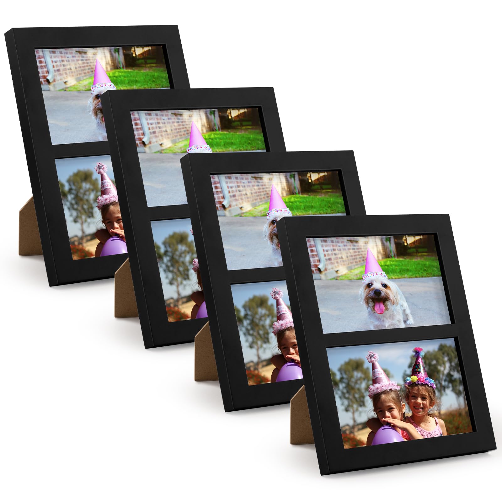 Golden State Art, 4x6 Double Picture Frame, Display Two 4x6 Photos, Solid Wood- Real Glass For Tabletop Or Wall Mounting (Black, 4 Pack)