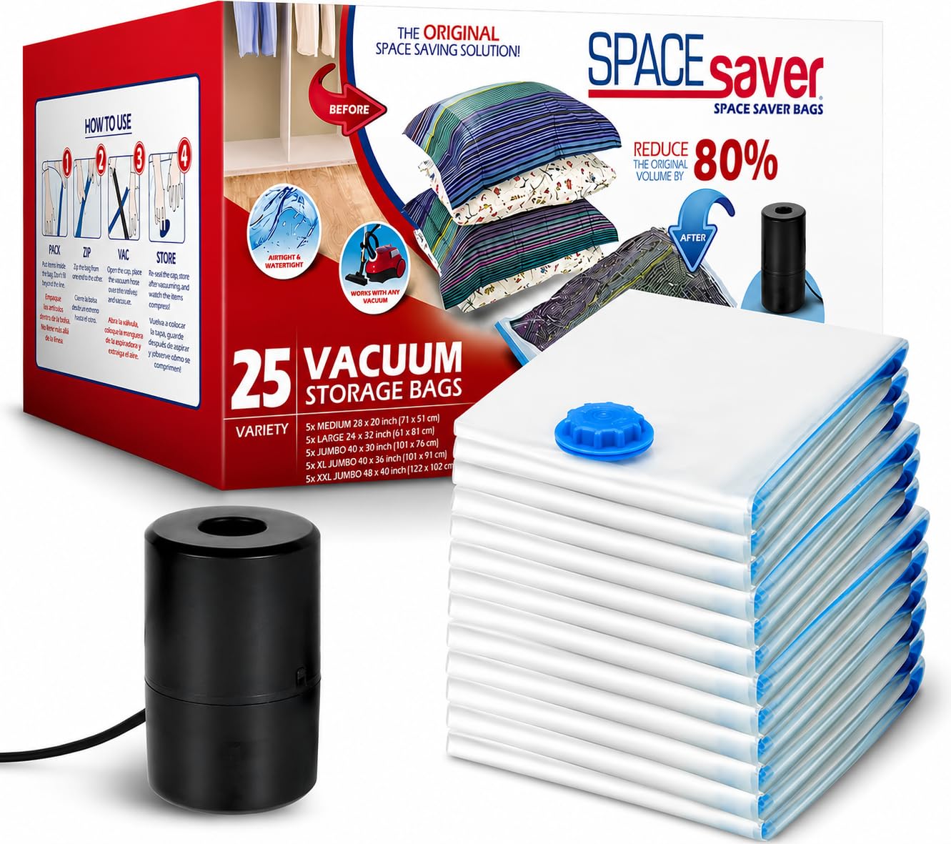 Spacesaver Paquete de 25 bolsas de almacenamiento al vacío variadas para edredones, mantas y ropa, bolsas de compresión con bomba eléctrica, bolsas de ahorro de espacio para ropa de cama, mudanzas