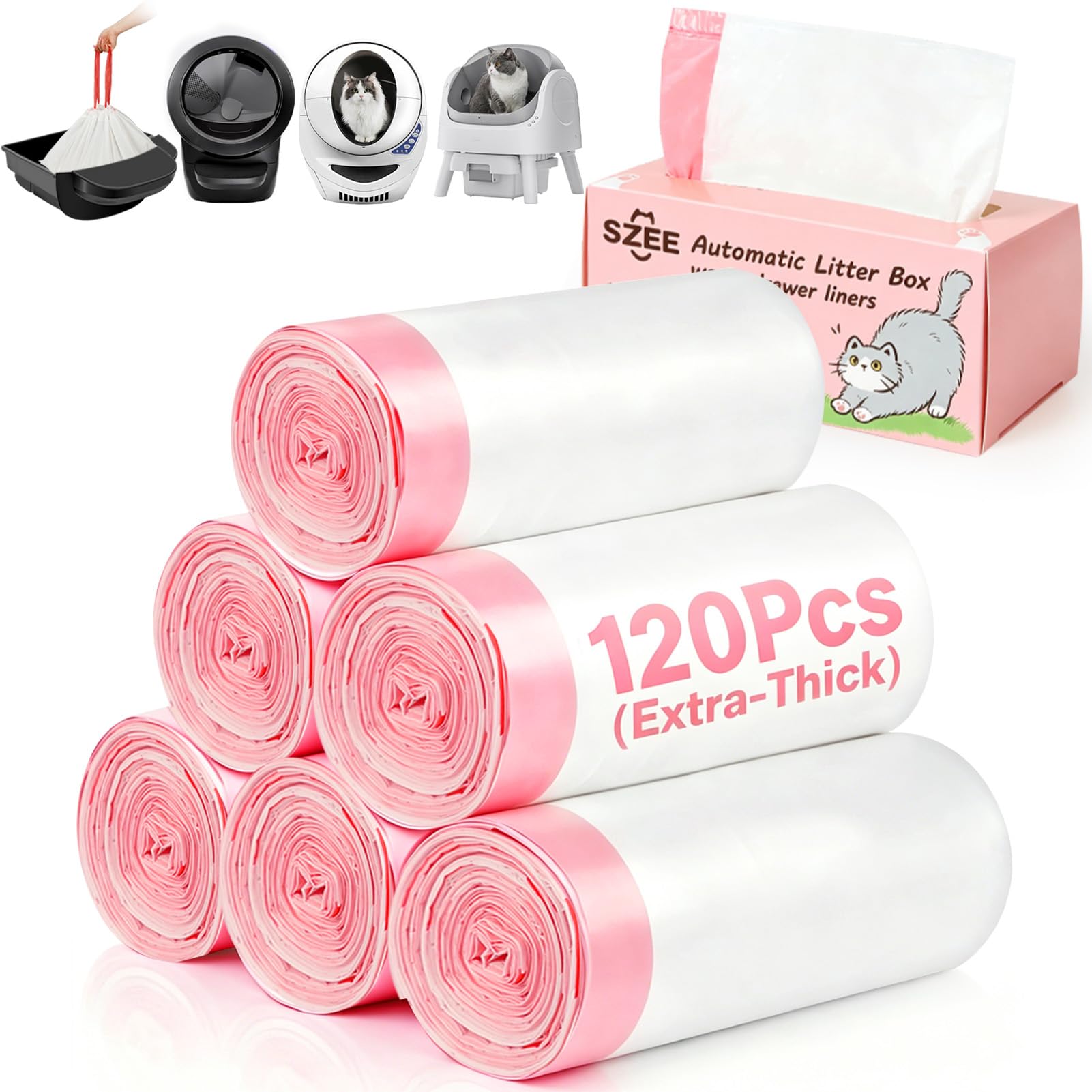 SZEE Thickened 120 Pcs Self-Cleaning Cat Litter tray Liners, Drawstring Automatic Cat Litter Box Waste Bags, Suitable for Robot 3&4, PURA MAX, PURA MAX 2, PURA X, S20, M1, AutoScooper 11&12
