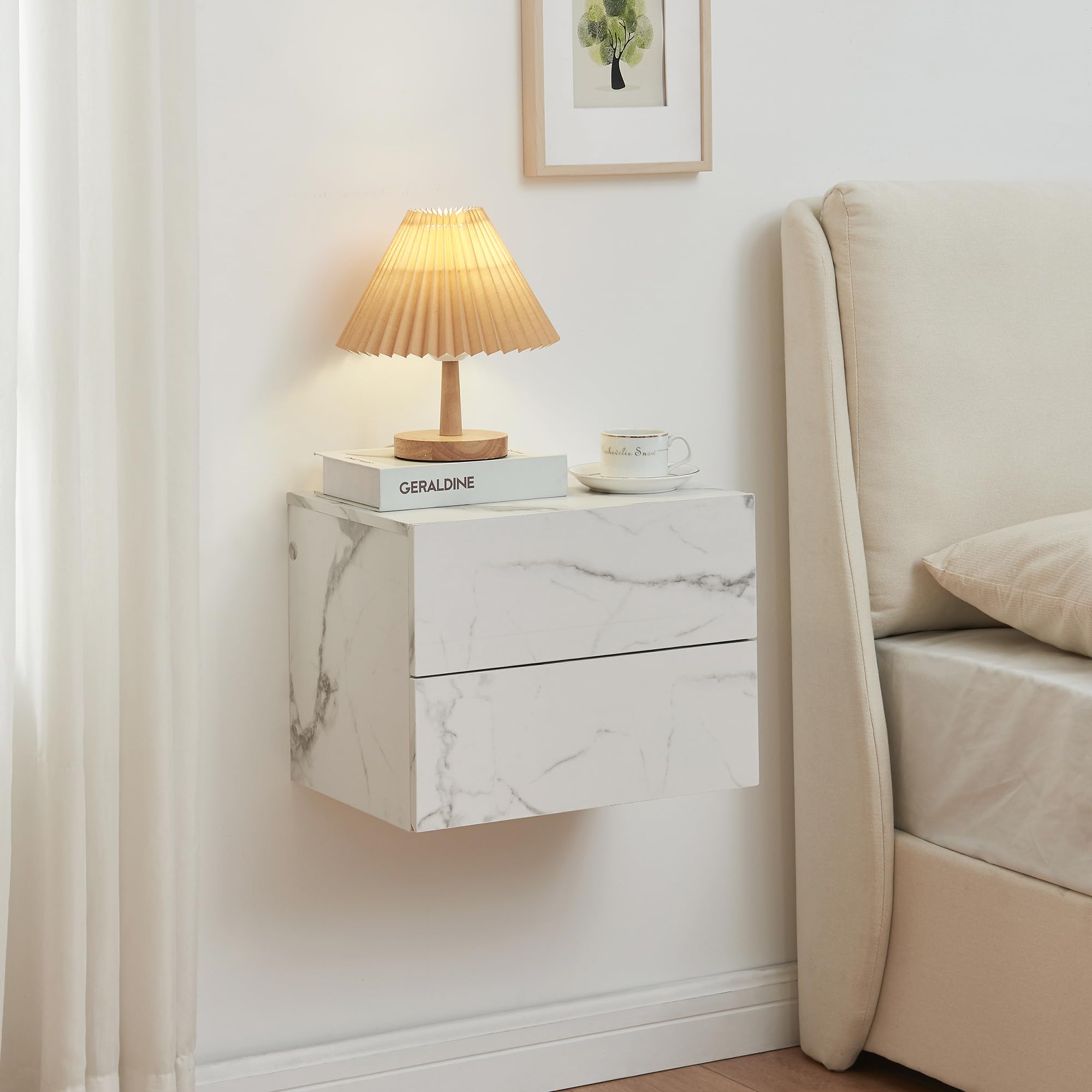 [en.casa] Comodino da Parete con 2 Cassetti 40 x 29 x 30 cm Cassettiera Pensile Portaoggetti da Muro - Effetto Marmo Bianco