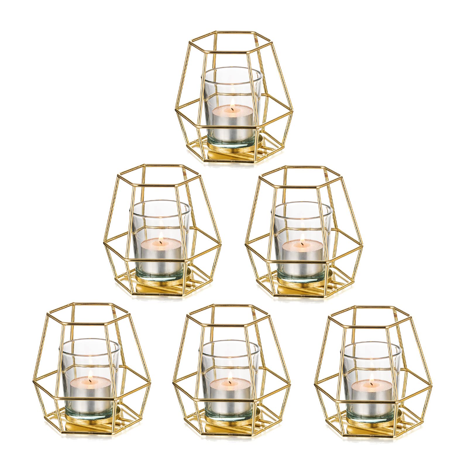Geometric Tealight Candle Holders Gold - Set of 6 Holder for Tea Light Decorative Votive Candle Stand Accents for Home Table Shelf Mantel Modern Geo Decoration Christmas