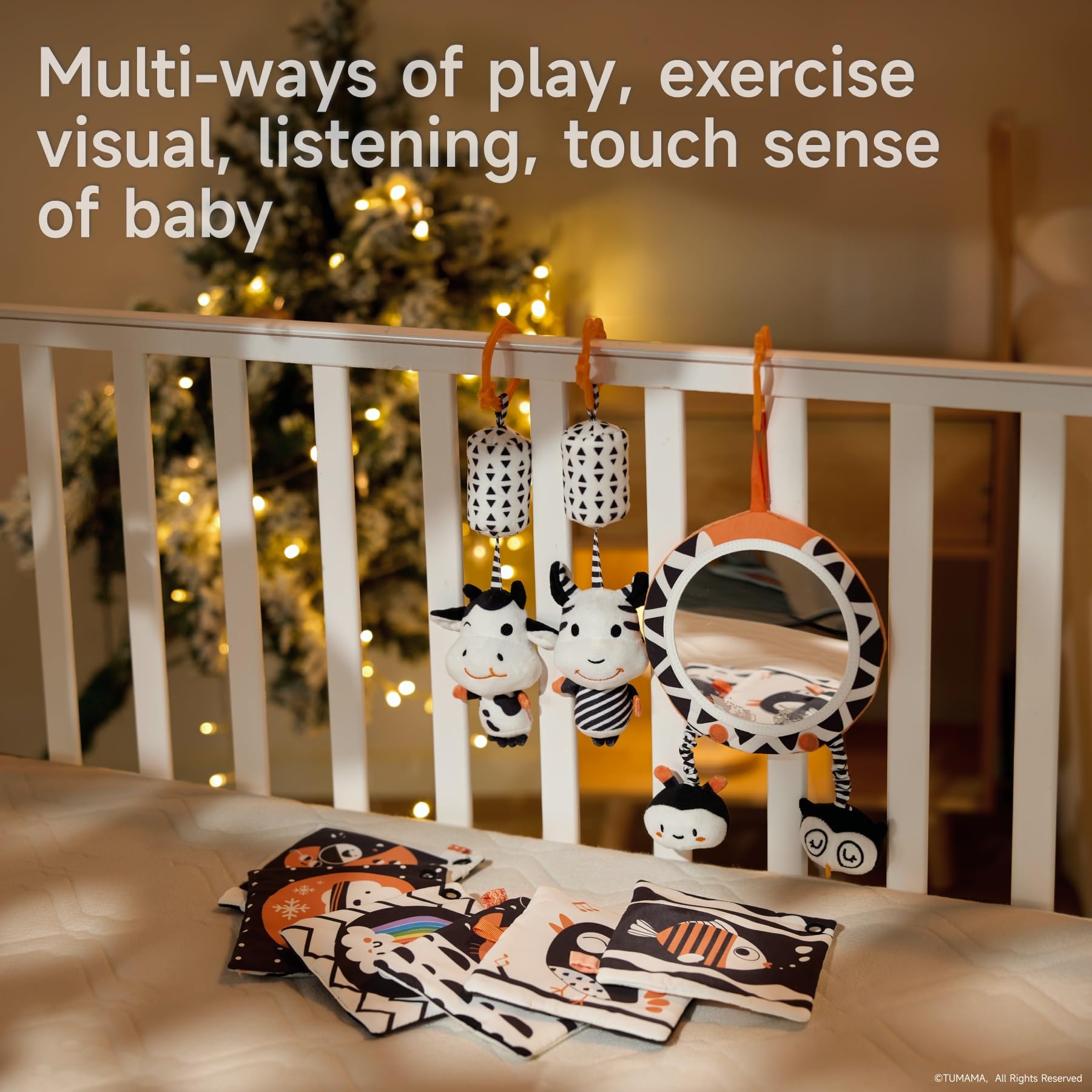 TUMAMA - Juguetes para bebés en blanco y negro, tiempo de barriga de alto contraste, sonajeros suaves para recién nacidos, sonajeros de espejo Montessori Sensorial de 0 a 12 meses, bebé colgante para 9
