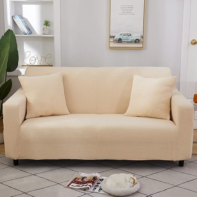 WEJOY Stretch Sofa Covers 2-Seater for Living room,Spandex Furniture Couch Cover,Corner Elastic Sofa Cover Settee Slipcovers(Loveseat,Cream)