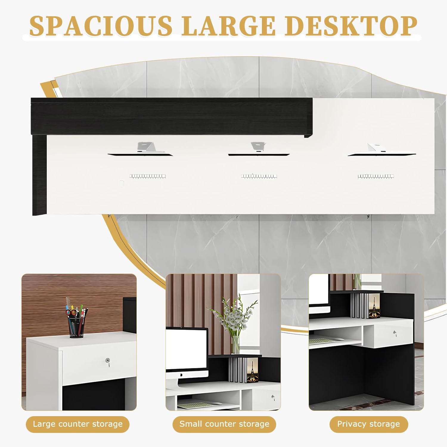 Modern Reception Desk with Storage Drawers and Open Shelves, 47-95 Inch Front Counter Table for Office, Salon, Lobby, Retail Store, or Home Workspace Left/Black 71" Wx23.6 Dx39.4 H