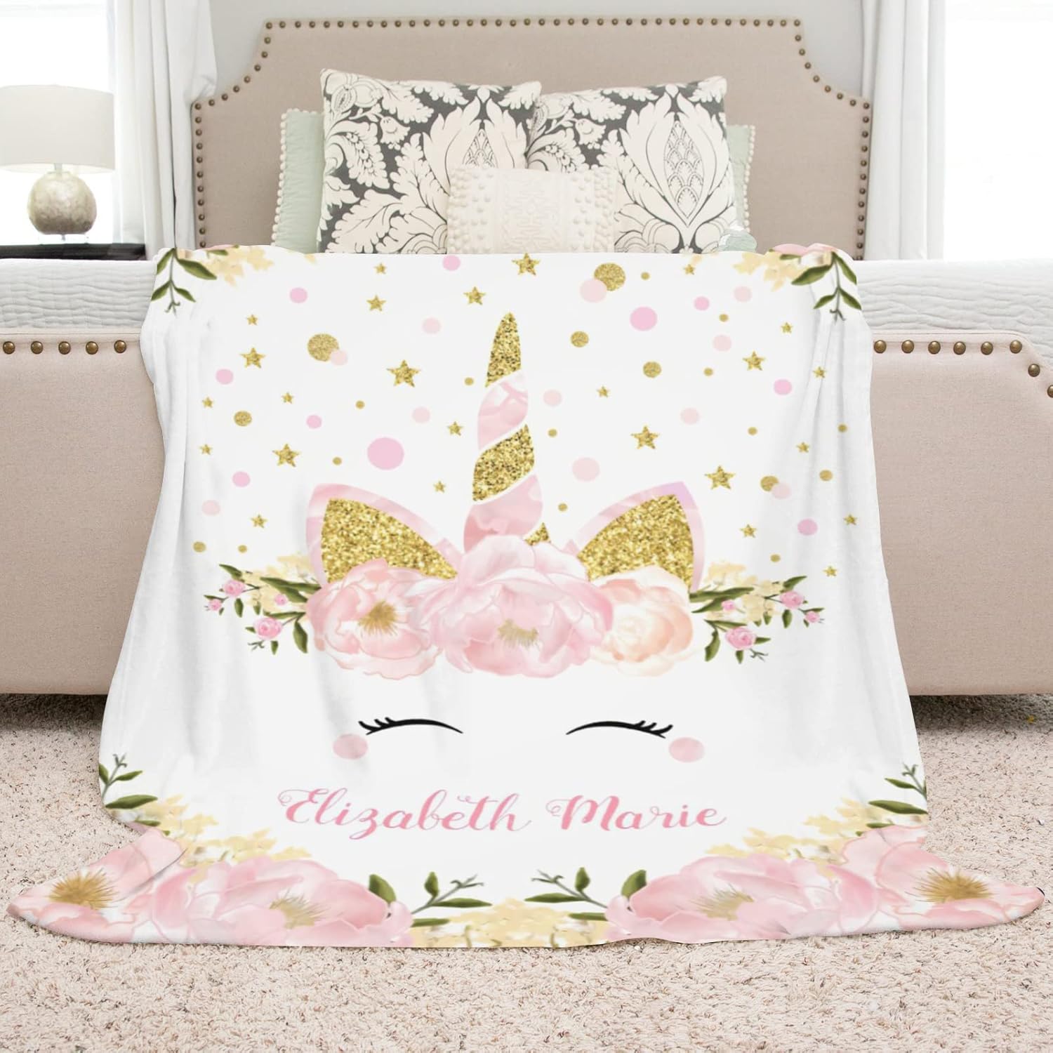 Personalized Floral Unicorn Blanket with Name Custom Baby Blanket for Girls Baby Girl Gifts Baby Items Newborn Essentials Soft Recieving Blankets - Floral Unicorn2 60x80in