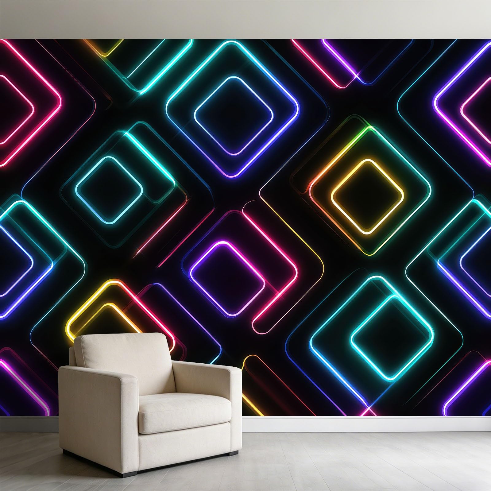 Fototapeta z włókniny, futurystyczna, neonowa geometria, 500 x 280 cm, tapeta ścienna, fototapeta do salonu, sypialni, tapeta na flizelinie, tapeta ścienna, efekt 3D, czarna