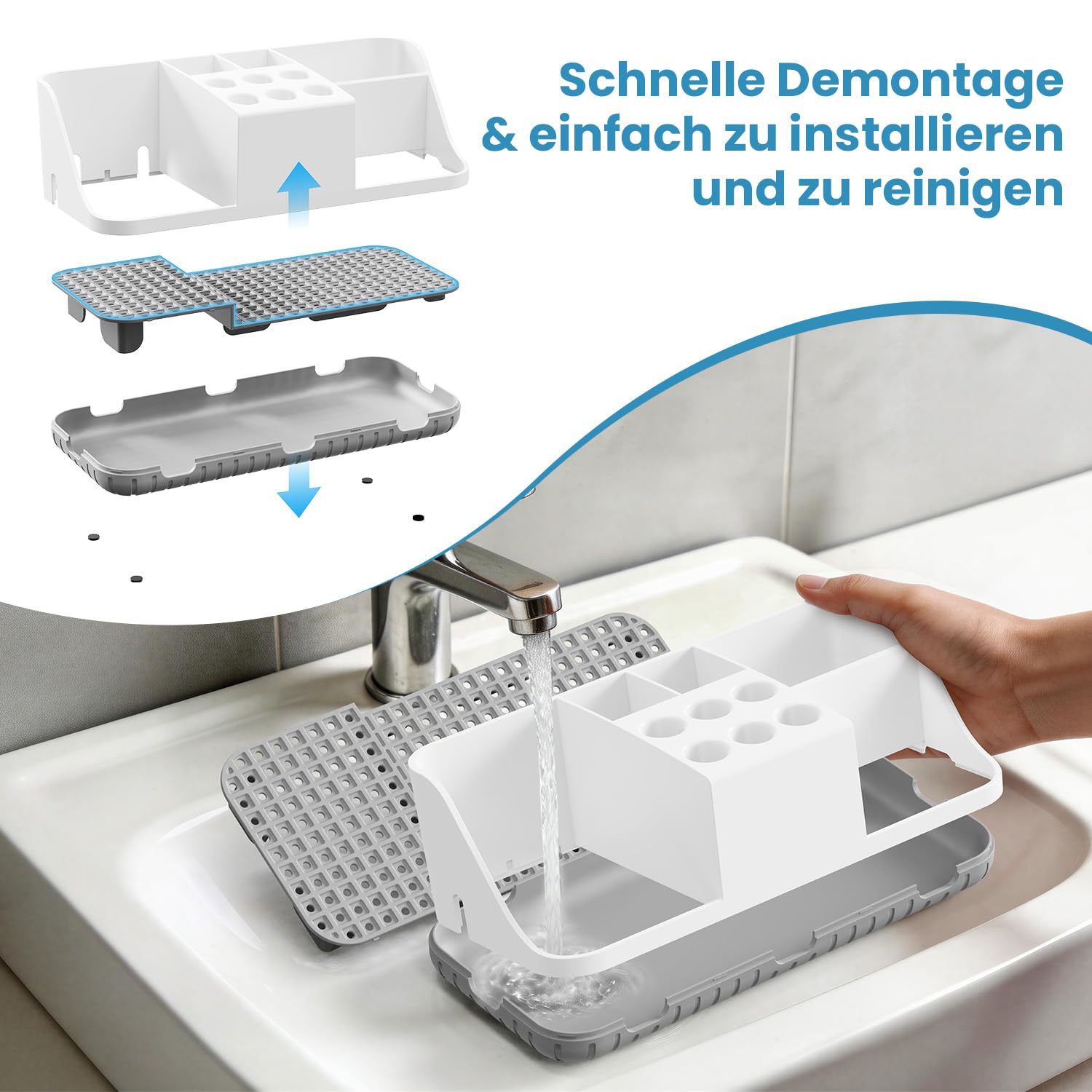 Großer Zahnbürstenhalter mit Versteckter Kabelführung und Ablauf, Abnehmbarer Badezimmer Organizer mit 11 Fächern für Elektrische Zahnbürsten, Zahnbürstenköpfe, Zahnpasta und Munddusche
