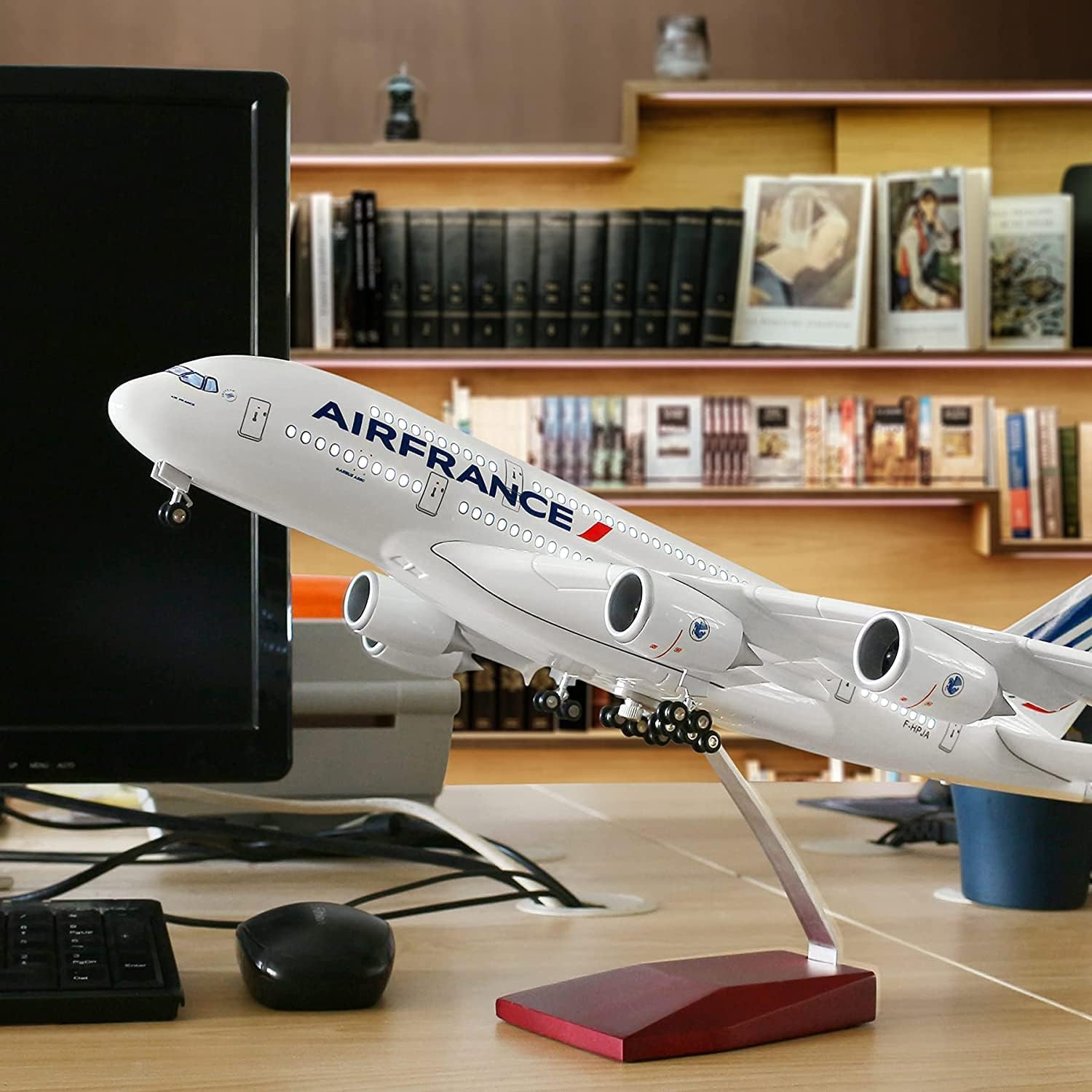 1:160 scale 17.7-inch large aircraft model Airbus A380 Air France aircraft die-cast resin model with display stand, detachable and assembled, suitable for collection or gift giving (with light, white)