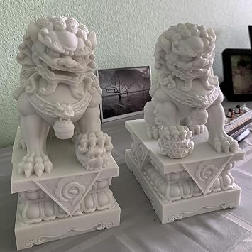 Foo Dogs Statues Pair Outdoor Large Feng Shui Guardian Lions, Marble Protectors for Yard, Garden & Entrance Decor, Ward Off Negative Energy & Attract Prosperity,White,25cm/9.8in