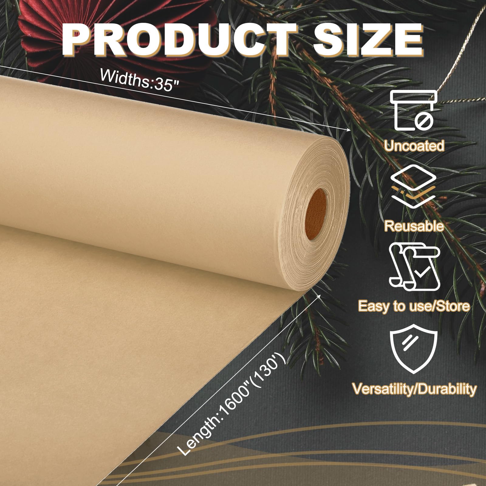 PATIKIL Papier do pakowania, 89 cm x 4,064 cm (130 cali) 80 g/m² rolka papieru do pakowania papieru pakowego do tablicy ogłoszeń plakatowych, pakowania prezentów, pakowania bukietów kwiatów, brązowy