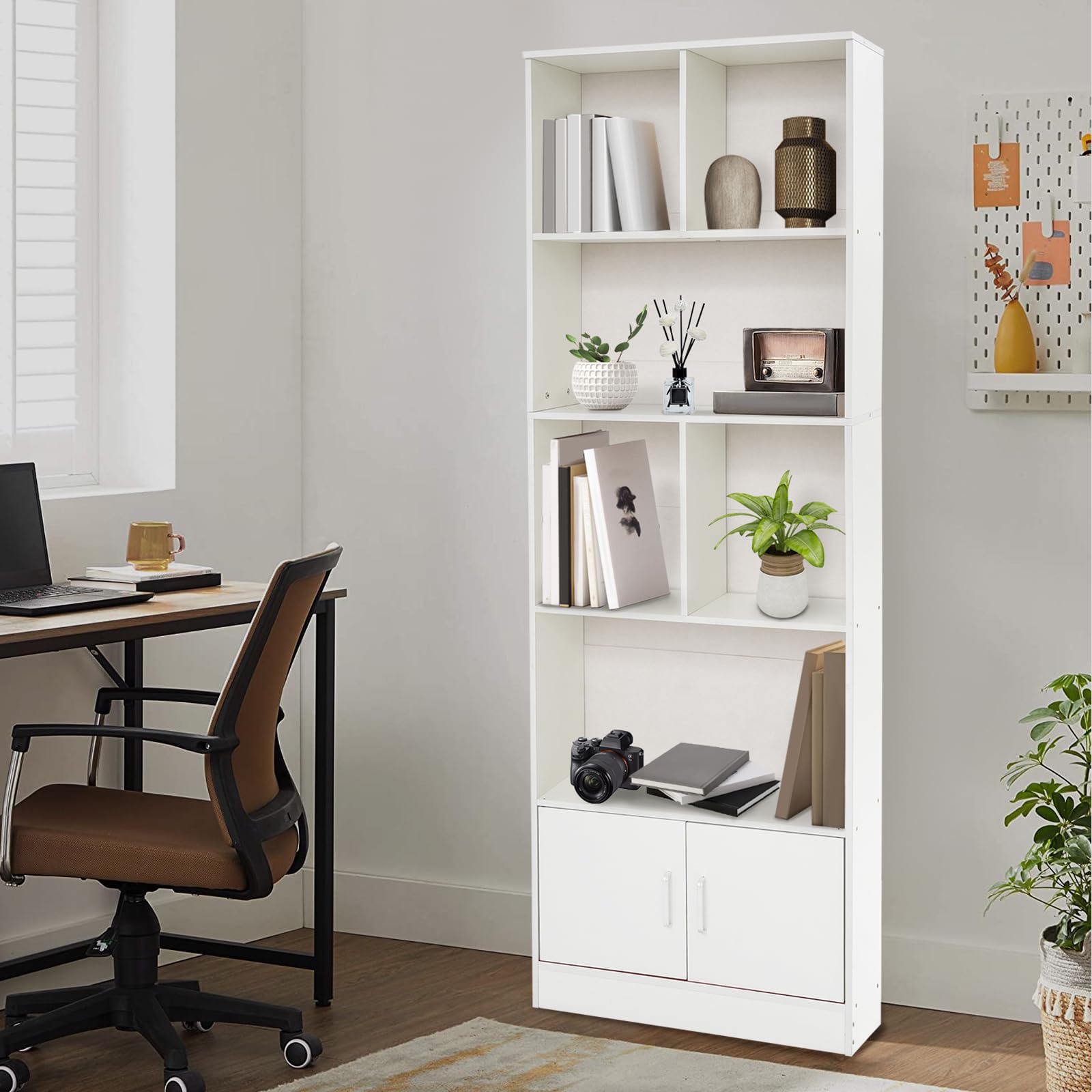 Estantería, estantería con 2 puertas, 6 compartimentos, estantería alta con 5 niveles, estantería escalonada, estantería de pie, para salón, oficina, cocina, 60 x 23 x 178,2 cm, color blanco