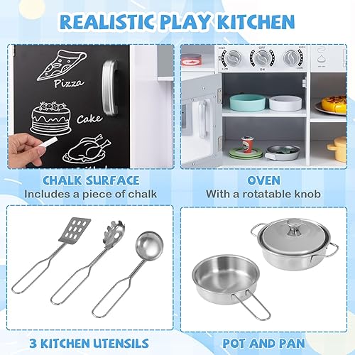 Miniatura 2 de Costzon Juego de cocina para niños, juego de cocina de chef de madera grande con sonidos y luces reales, microondas, pizarra, horno, máquina