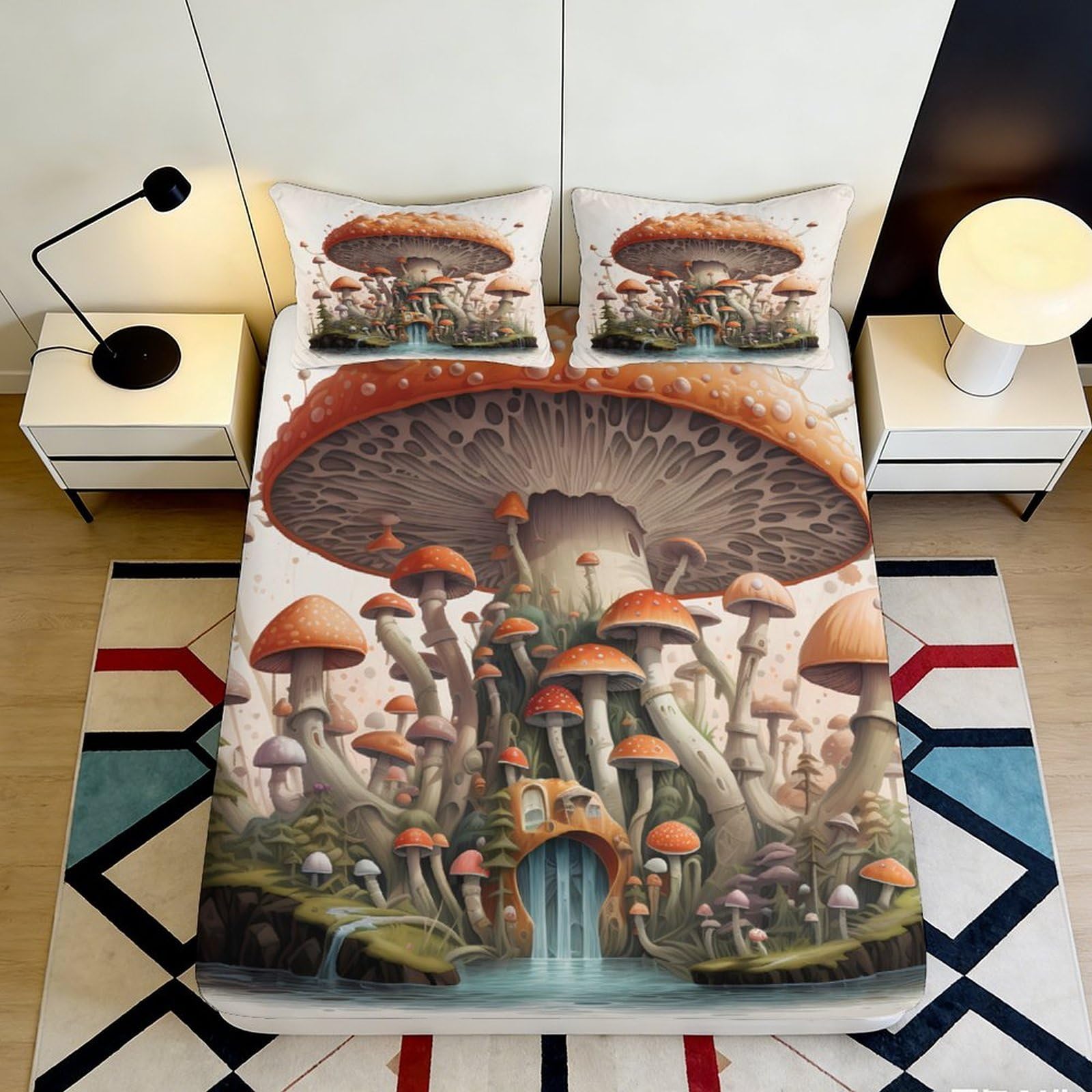 3D Printed Fantasy Mushroom Forest Fitted Sheet Microfiber Soft Artistic Bed Cover for Bedroom Dorm Decor 90x200x25cm