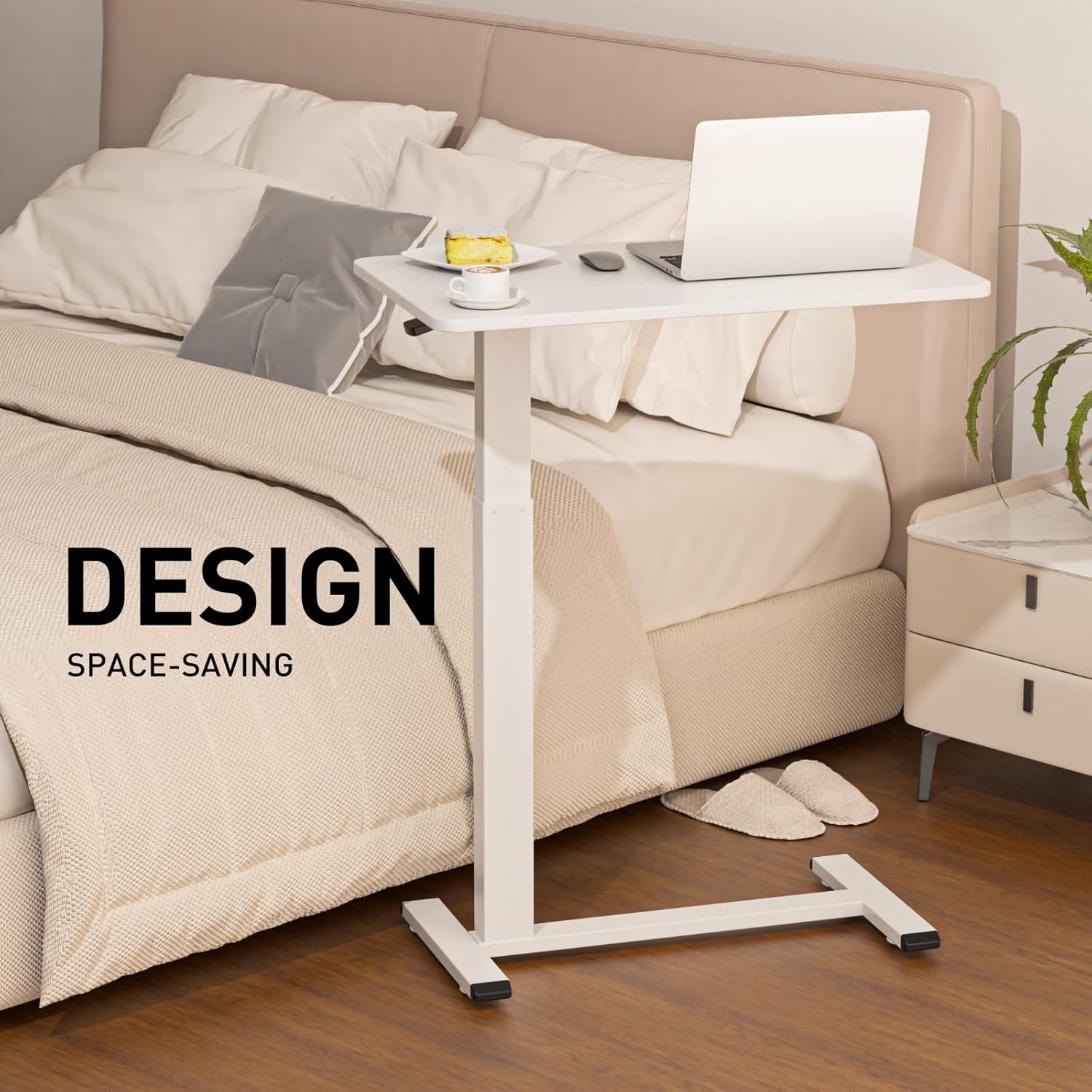 Ywin Adjustable Height Side Table, Adjustable Bedside Table with Wheels, Overbed Bedside Table, Pneumatic Moveable Bed Desk, Rolling Hospital Bed Table(White)