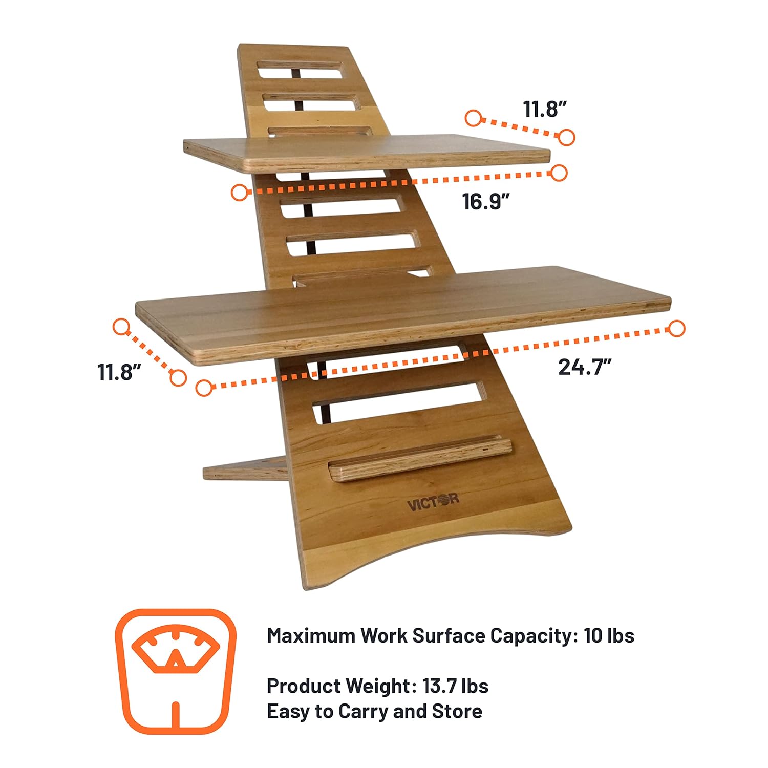 Victor DC175A High Rise Collection Acacia Wood Adjustable Laptop Stand, Dual Trays, 10 Levels, Fast Assembly, Perfect for Dorms/Bedrooms/Home Offices