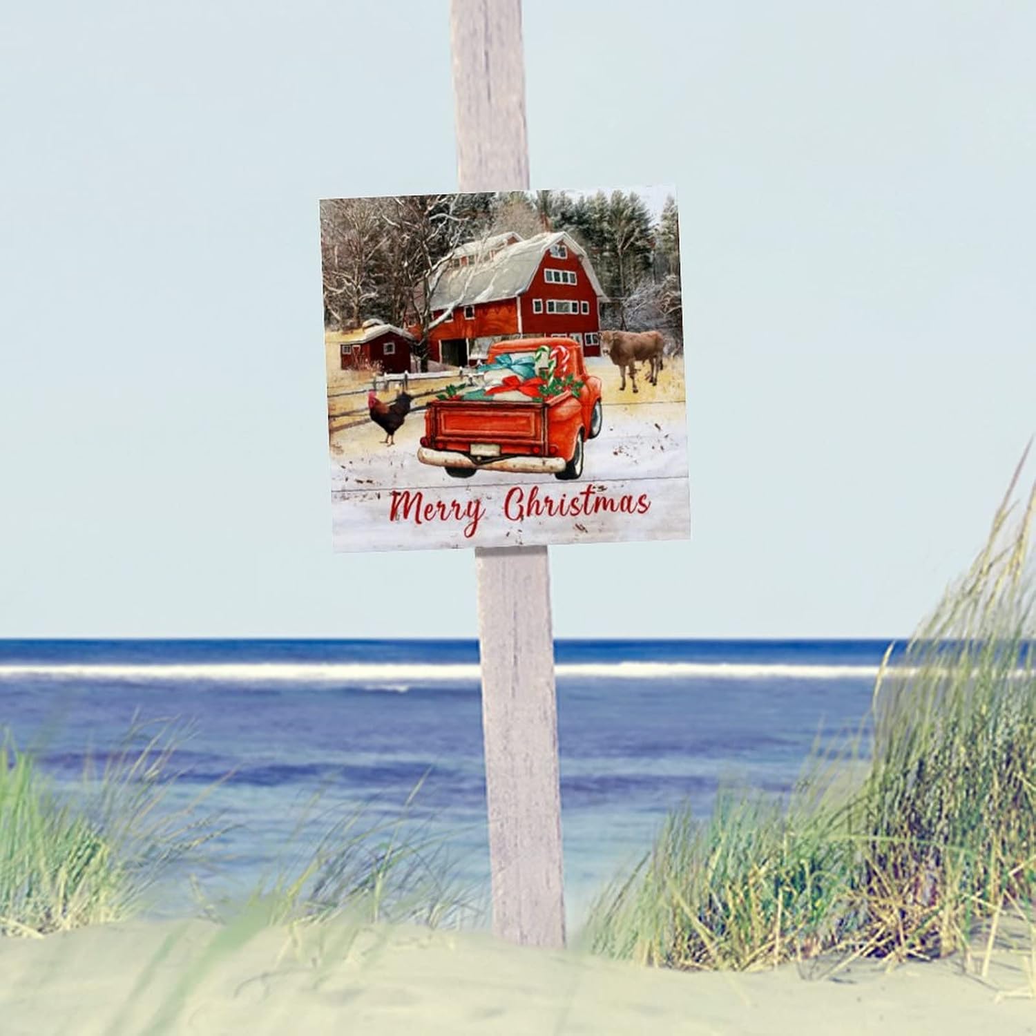 Merry Christmas Farm Barn Wood Sign Red Truck Rooster Cow Hanging Wall Art Sign Farmhouse Hello Winter Home Wall Hanging Sign Decor For Kitchen Living Room Bedroom Home Housewarming Gift 16x16in