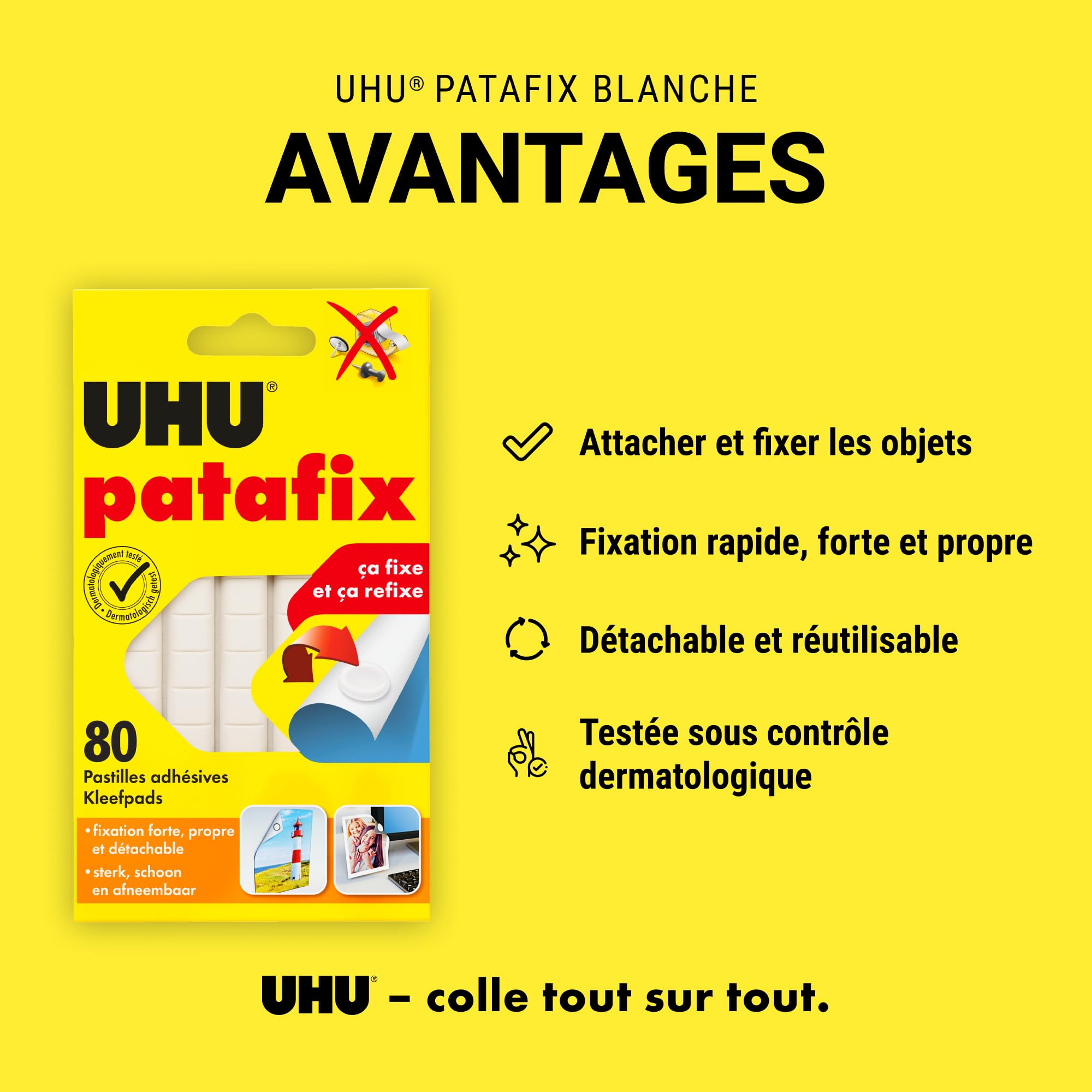 Visiter la boutique UHU UHU Patafix - Pastilles Adhésives Prédécoupées - Fixation Rapide et Propre - Testées Sous Contrôle Dermatologique - Blanches - 80 Pastilles Adhésives Double Face in use