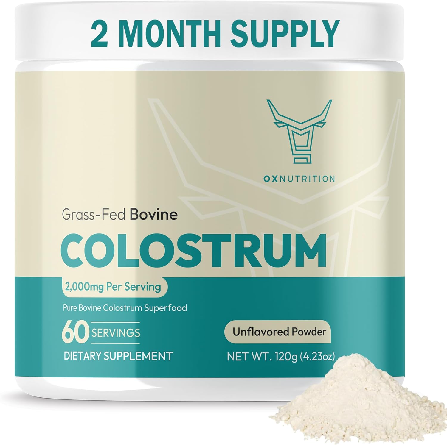 OXNUTRITION Colostrum Powder for Gut Health, Immune Support, Muscle Recovery, Hair & Beauty | Pure Gress Fed Bovine Colostrum for Humans, Natural IgG, Unflavored, 60 Servings