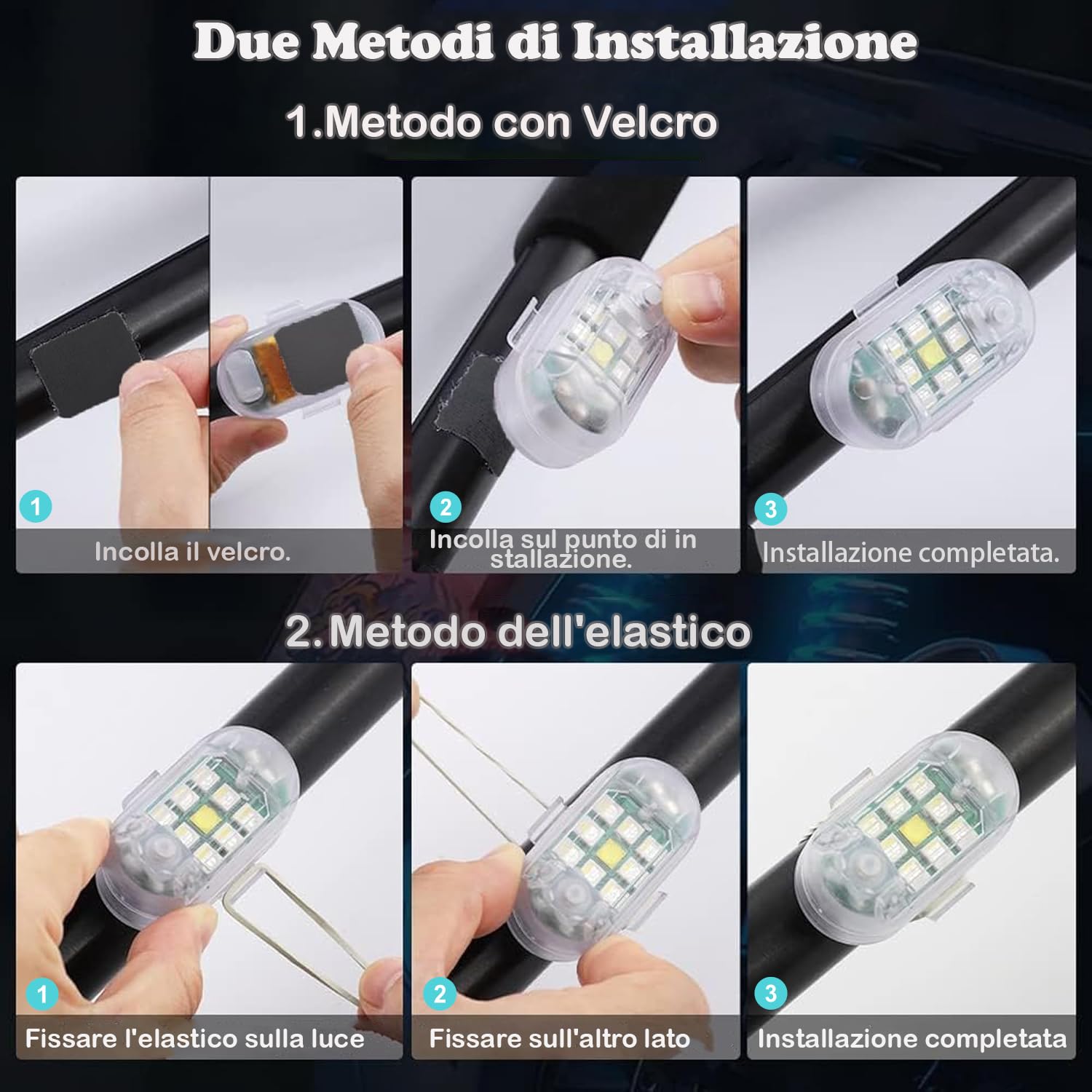 4 Luci Strobe LED Wireless con Telecomando - 7 Colori, Alta Luminosità, Ricaricabili USB, per Auto, Moto, Drone