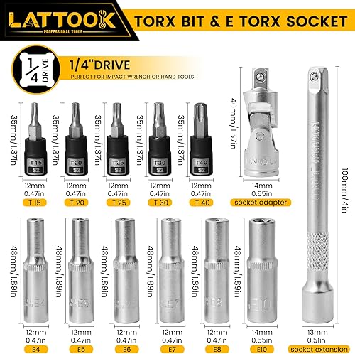 Miniatura 2 de LATTOOK Juego de 13 llaves de vaso Torx de 14 pulgadas y hembra externas de acero, S2 y Cr-V, 5 piezas Torx Star Bits Socket y 6 enchufes E-Torx